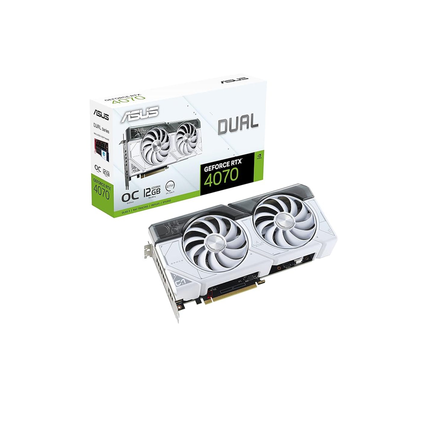 ASUS Dual GeForce RTX™ 4070 White OC Edition 12GB GDDR6X (PCIe 4.0، 12GB GDDR6X، DLSS 3، HDMI 2.1، DisplayPort 1.4a، تصميم 2.56 فتحة، تصميم مروحة Axial-tech، تقنية 0dB، والمزيد) 