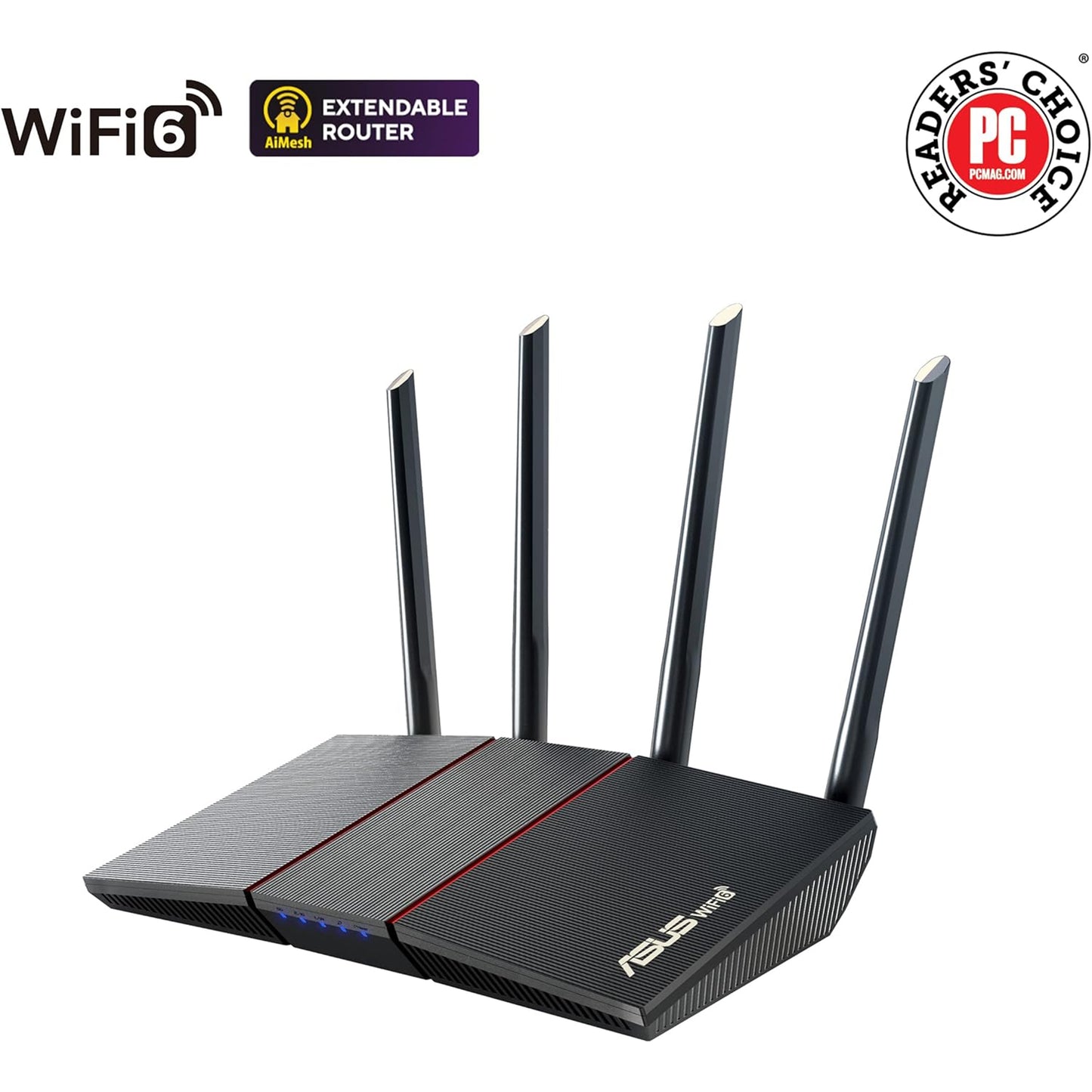 ASUS RT-AX55 AX1800 ثنائي النطاق WiFi 6 Gigabit Router، 802.11ax، أمان الإنترنت مدى الحياة، المراقبة الأبوية، دعم شبكة WiFi، MU-MIMO، OFDMA، 4 منافذ Gigabit LAN، تكوين الشعاع 