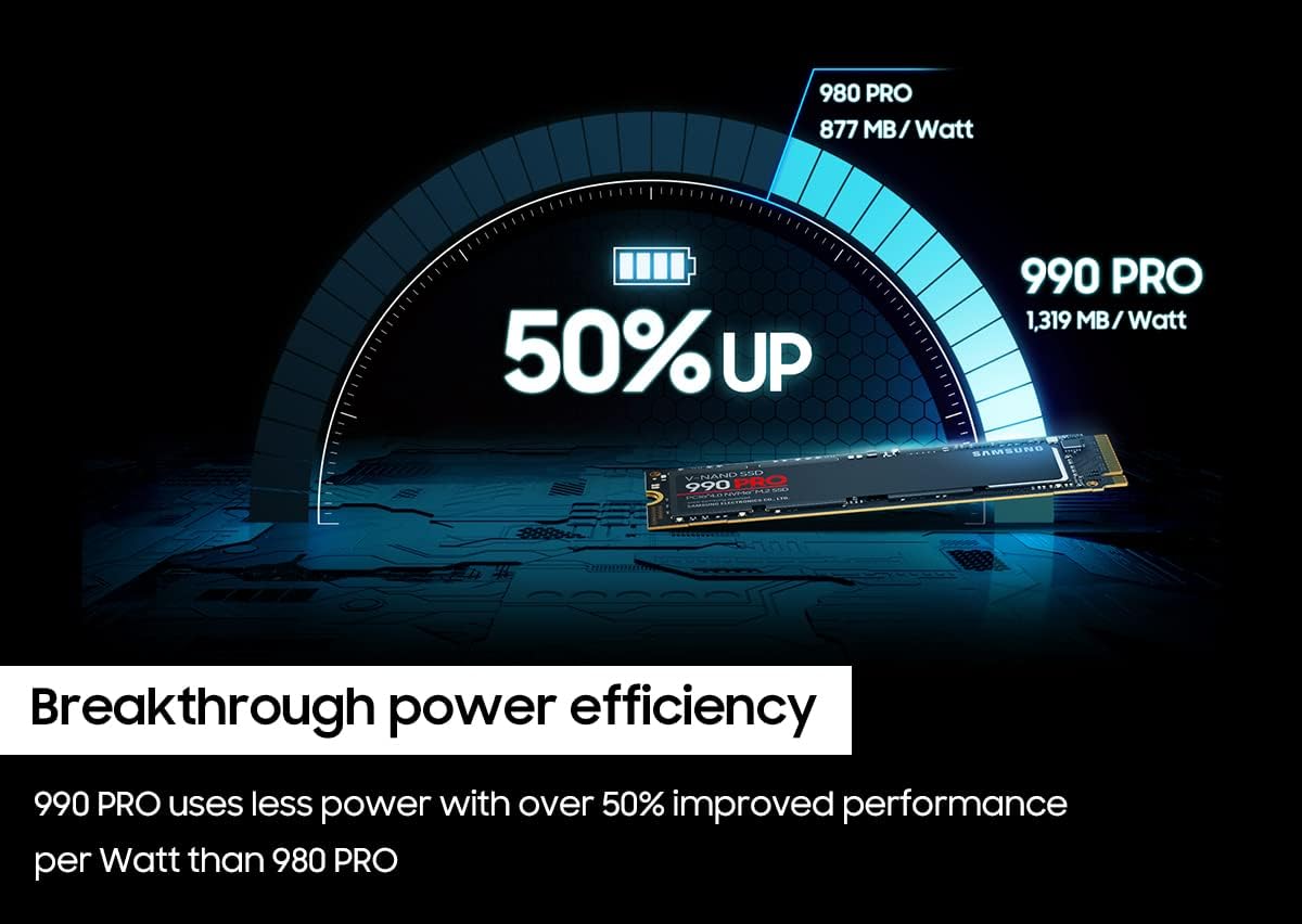 سامسونج 990 PRO SSD 4 تيرابايت PCIe 4.0 M.2 2280 محرك الأقراص الصلبة الداخلي ذو الحالة الصلبة، Seq. سرعات قراءة تصل إلى 7,450 ميجابايت/ثانية للحوسبة المتطورة والألعاب ومحطات العمل شديدة التحمل، MZ-V9P4T0B/AM، أسود 