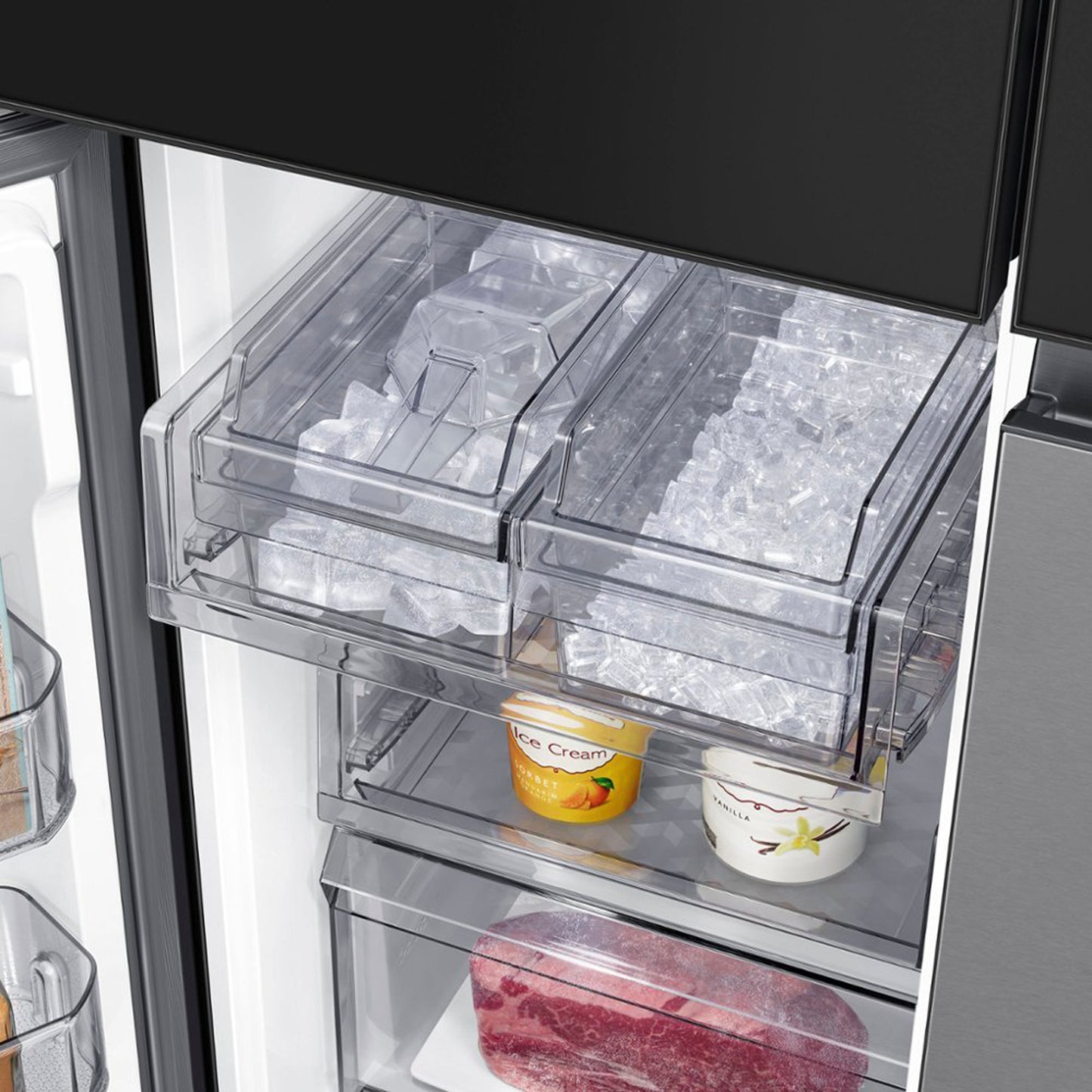 Bespoke 4-Door Flex™ Refrigerator (29 cu. ft.) with Family Hub™+ in Charcoal Glass Top and Stainless Steel Bottom Panels.