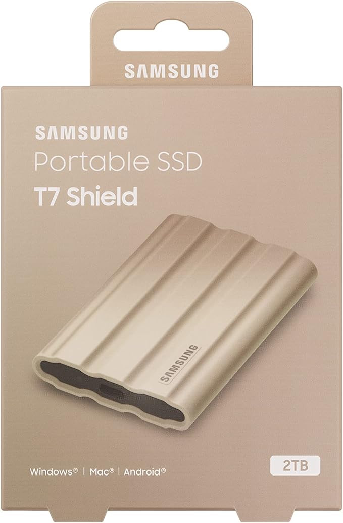 سامسونج T7 Shield محرك أقراص الحالة الصلبة الخارجي المحمول USB 3.2 1 تيرابايت، IP65 مقاوم للماء، متوافق مع أجهزة الكمبيوتر / Mac / Android / وحدات تحكم الألعاب (MUPE1T0K/AM)، بيج 
