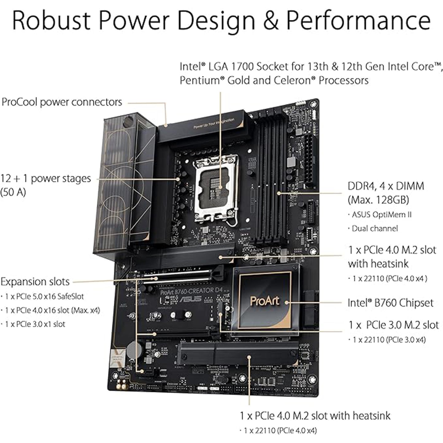 ASUS ProArt B760-CREATOR D4 Intel LGA 1700(13th and 12th Gen) ATX Content Creator Motherboard,DDR4,PCIe 5.0,3xM.2 Slots,2.5 Gb &1Gb LAN,Front USB 3.2 Gen 2x2 Type-C,Thunderbolt(USB4®) Header