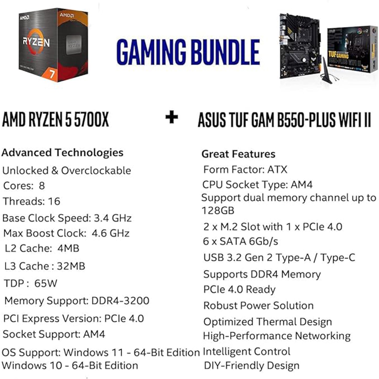 حزمة معالج سطح المكتب Micro Center AMD Ryzen 7 5700X 8-Core، 16 خيط غير مقفل مع لوحة الألعاب ASUS TUF Gaming B550-PLUS WiFi II AMD AM4 ATX، وحزمة الألعاب 