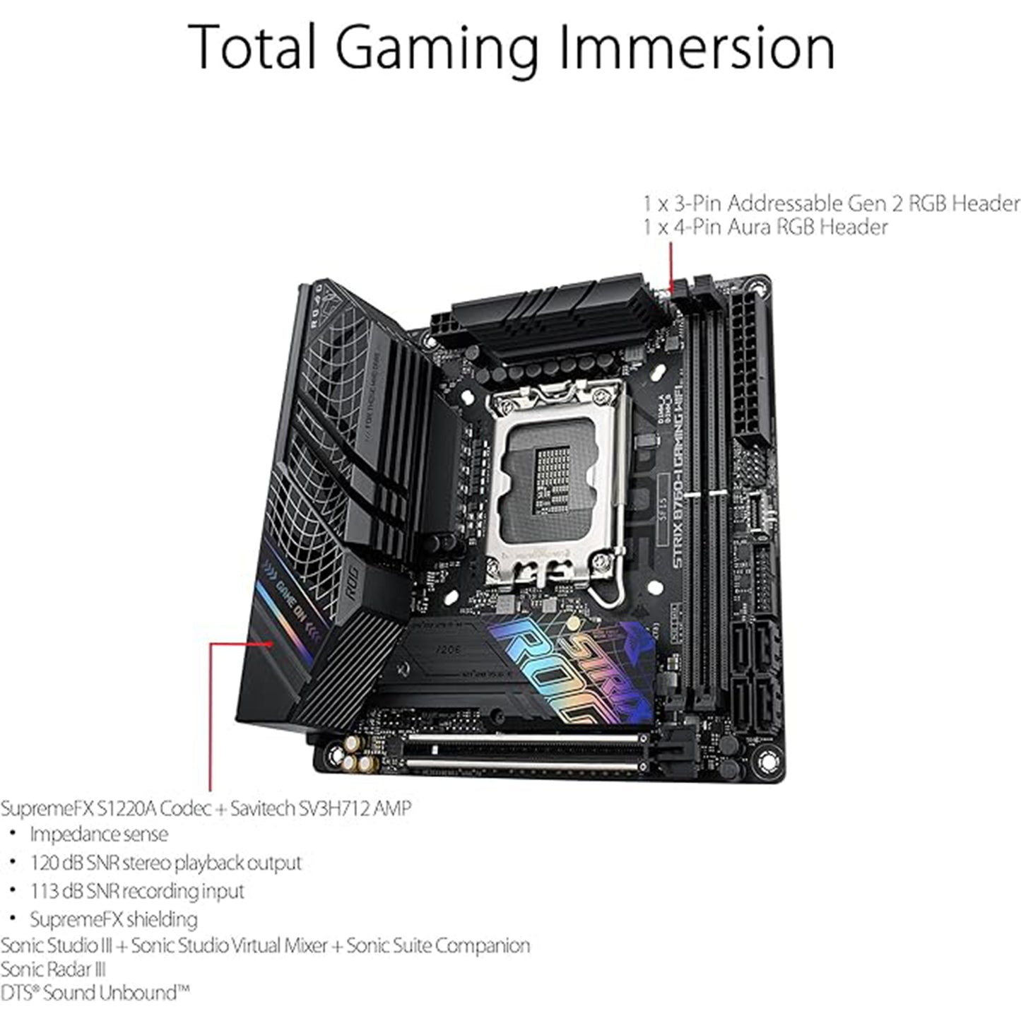 ASUS ROG Strix B760-I Gaming WiFi 6E Intel® B760 (الجيل الثالث عشر والثاني عشر) اللوحة الأم LGA 1700 mini-ITX، مراحل طاقة 8 + 1، DDR5 حتى 7600 MT/s، فتحات PCIe 5.0،2xM.2، USB 3.2 Gen 2x2 نوع C، تقنية Aura Sync RGB 