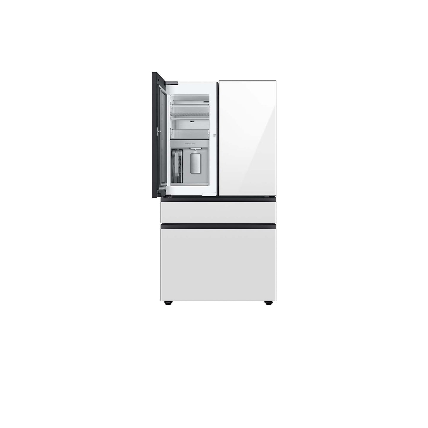 Bespoke 4-Door French Door Refrigerator (23 cu. ft.) with Customizable Door Panel Colors and Beverage Center™ in Emerald Green Steel Top, White Glass Middle, and Clementine Glass Bottom Panels.