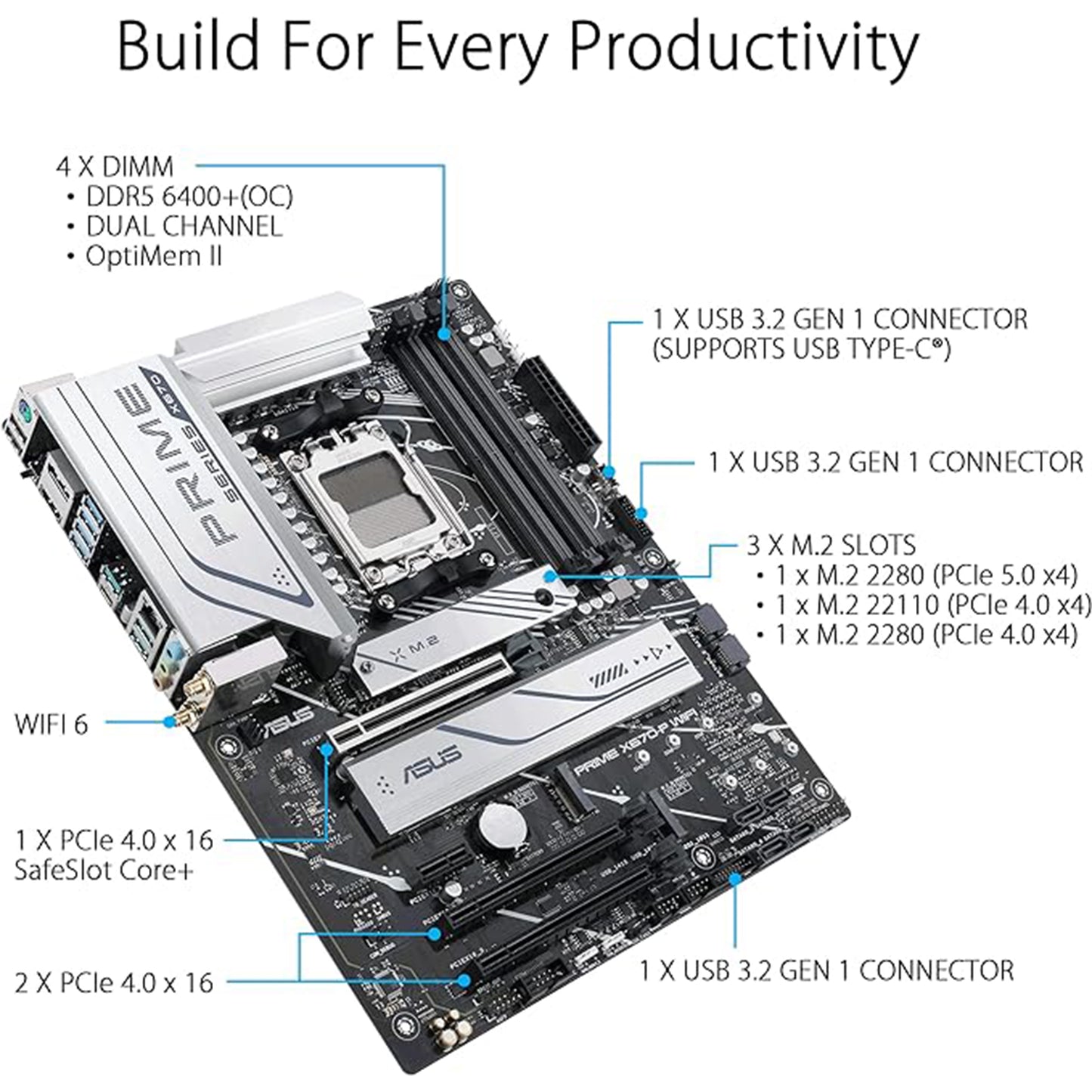 مقبس ASUS Prime X670-P WiFi AM5 (LGA 1718) Ryzen 7000 ATX (DDR5، ثلاث فتحات M.2، USB 3.2 Gen 2x2 Type-C®، دعم USB4®، WiFi 6 و2.5 جيجابت إيثرنت) 