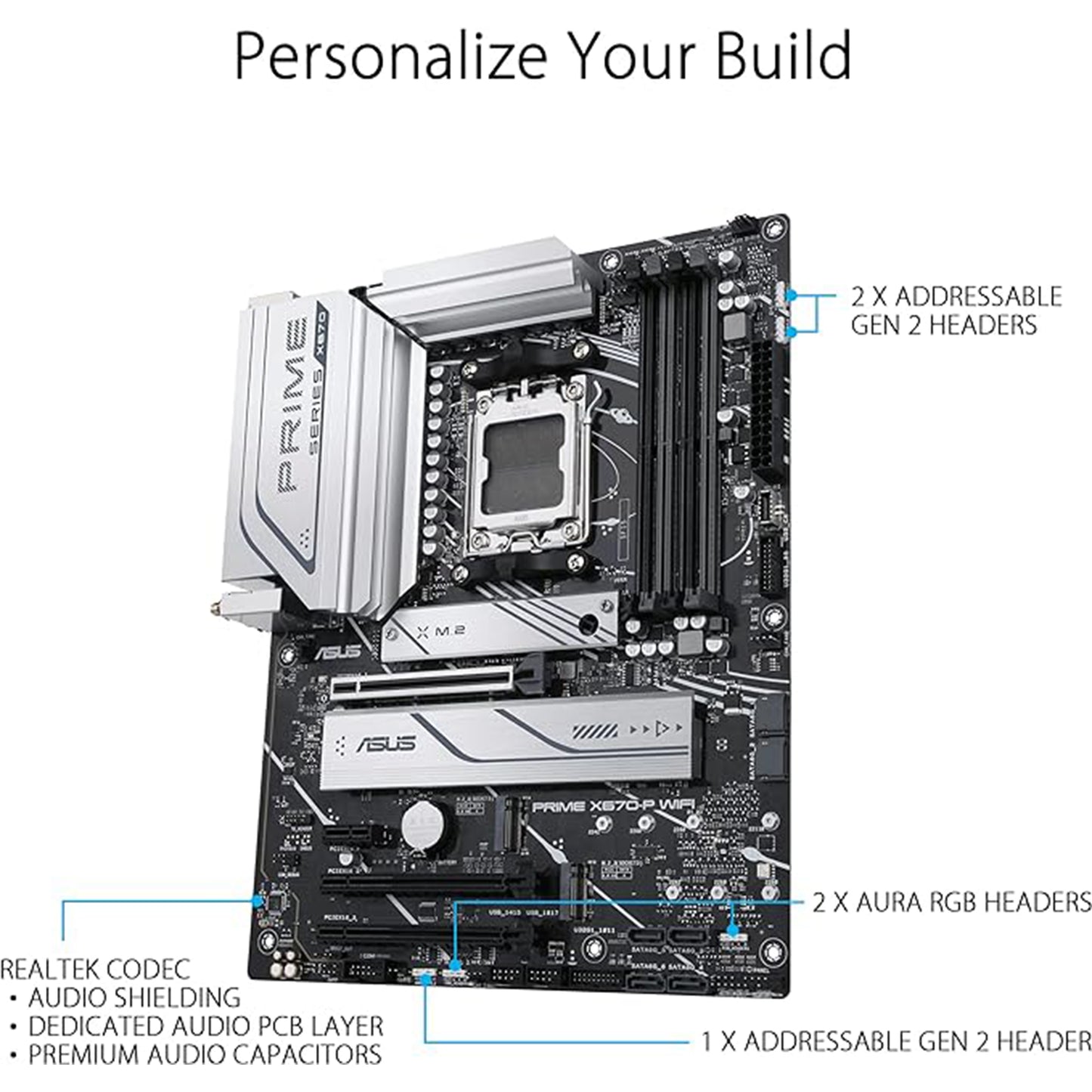 مقبس ASUS Prime X670-P WiFi AM5 (LGA 1718) Ryzen 7000 ATX (DDR5، ثلاث فتحات M.2، USB 3.2 Gen 2x2 Type-C®، دعم USB4®، WiFi 6 و2.5 جيجابت إيثرنت) 