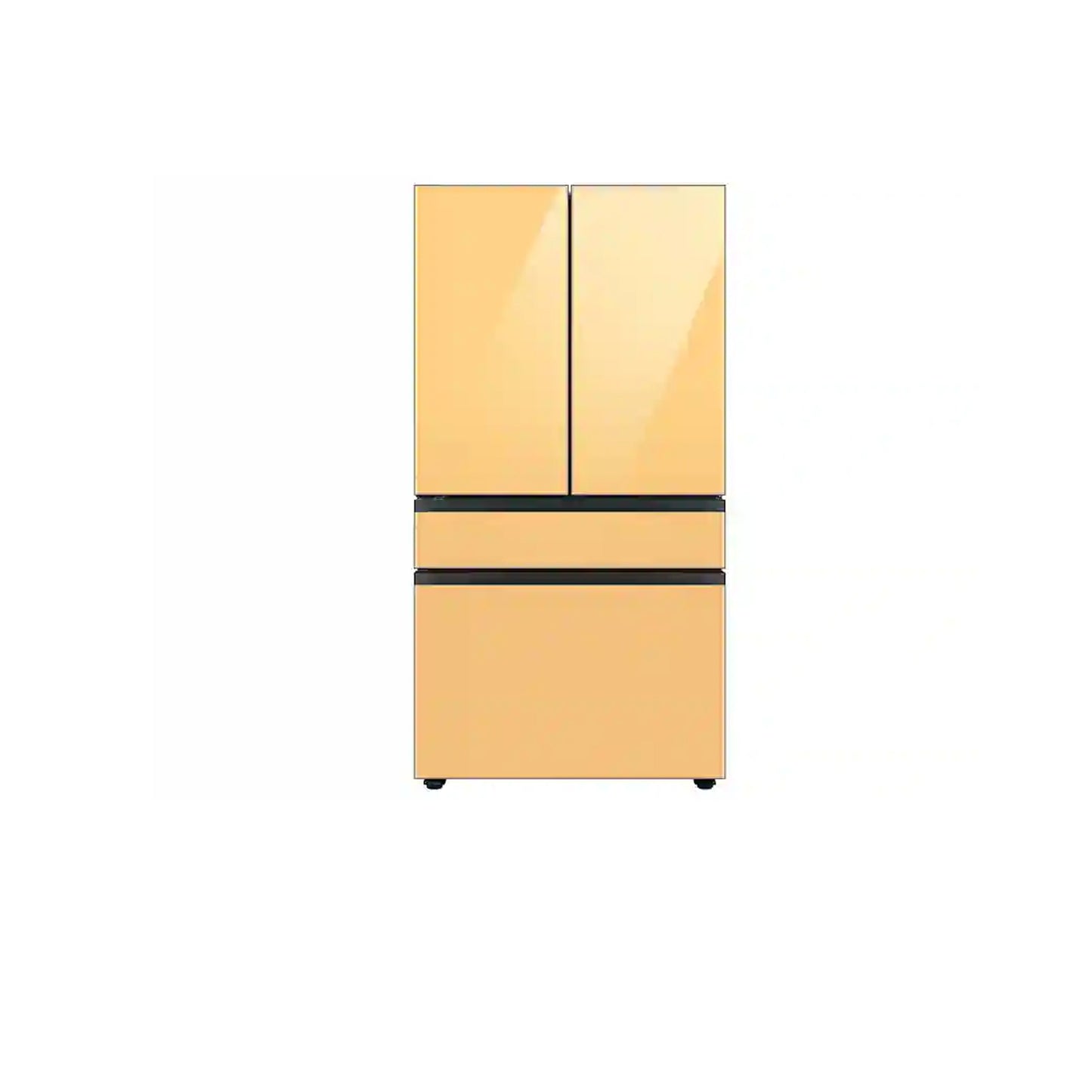 Bespoke 4-Door French Door Refrigerator (23 cu. ft.) with Customizable Door Panel Colors and Beverage Center™ in Emerald Green Steel Top, White Glass Middle, and Clementine Glass Bottom Panels.
