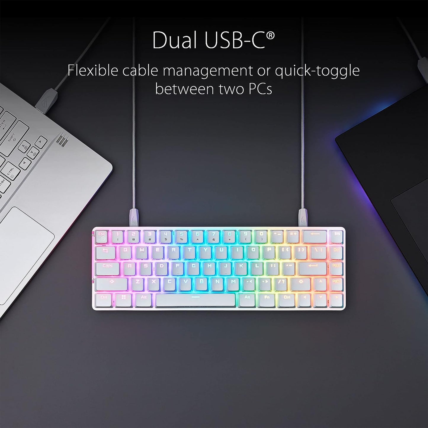 لوحة مفاتيح ميكانيكية مدمجة للألعاب ASUS ROG Falchion Ace 65% RGB، ومفاتيح ROG NX بنية ومثبتات مفاتيح، وإسفنج مثبط الصوت، وأغطية مفاتيح PBT، سلكية مع KVM، وثلاث زوايا، وغطاء غطاء أبيض 
