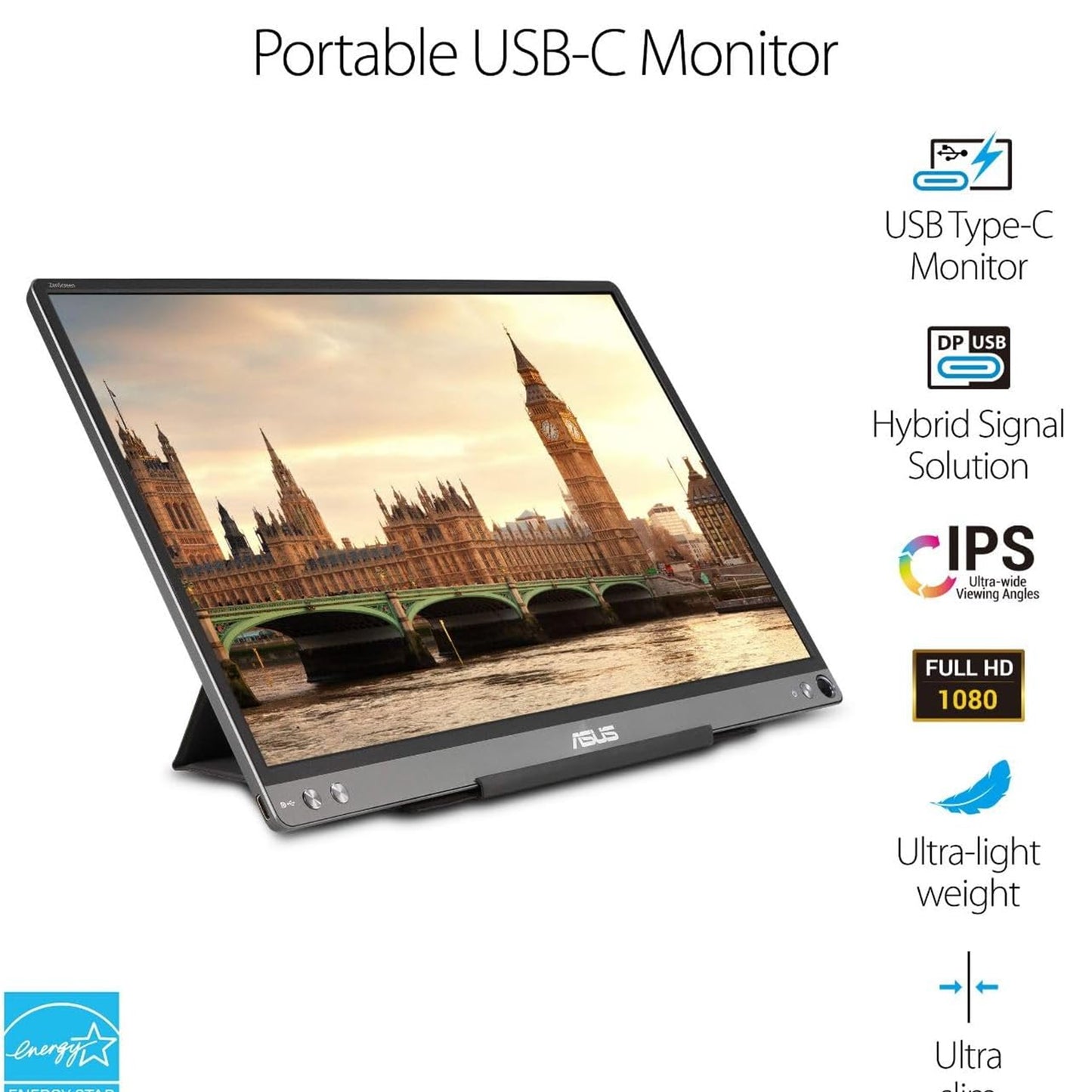 ASUS ZenScreen 15.6” 1080P Portable USB Monitor (MB16ACE) - Full HD (1920 x 1080), IPS, USB Type-C, Eye Care, Anti-Glare Surface, Lite Smart Case, External screen for laptop