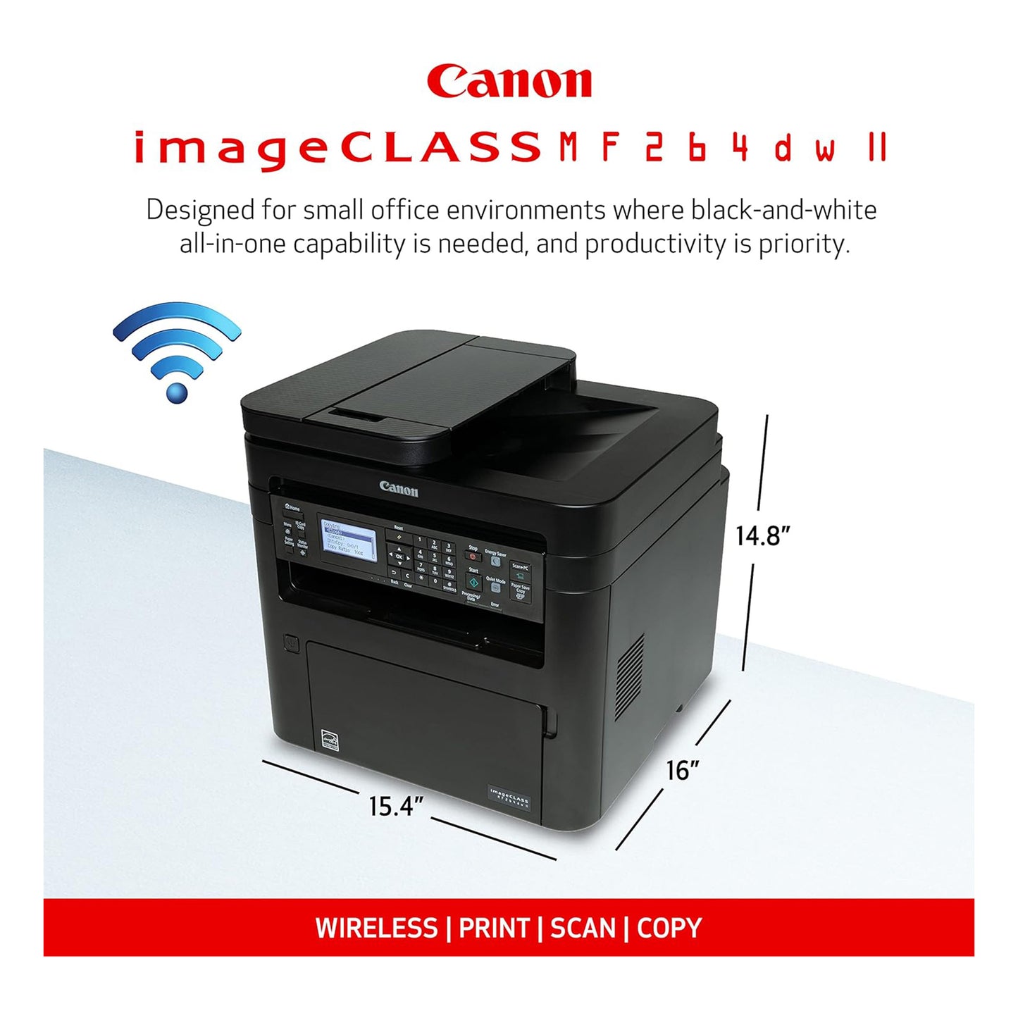 Canon imageCLASS MF264dw II طابعة ليزر أحادية اللون لاسلكية، طباعة ونسخ ومسح ضوئي، وحدة تغذية المستندات التلقائية، أسود