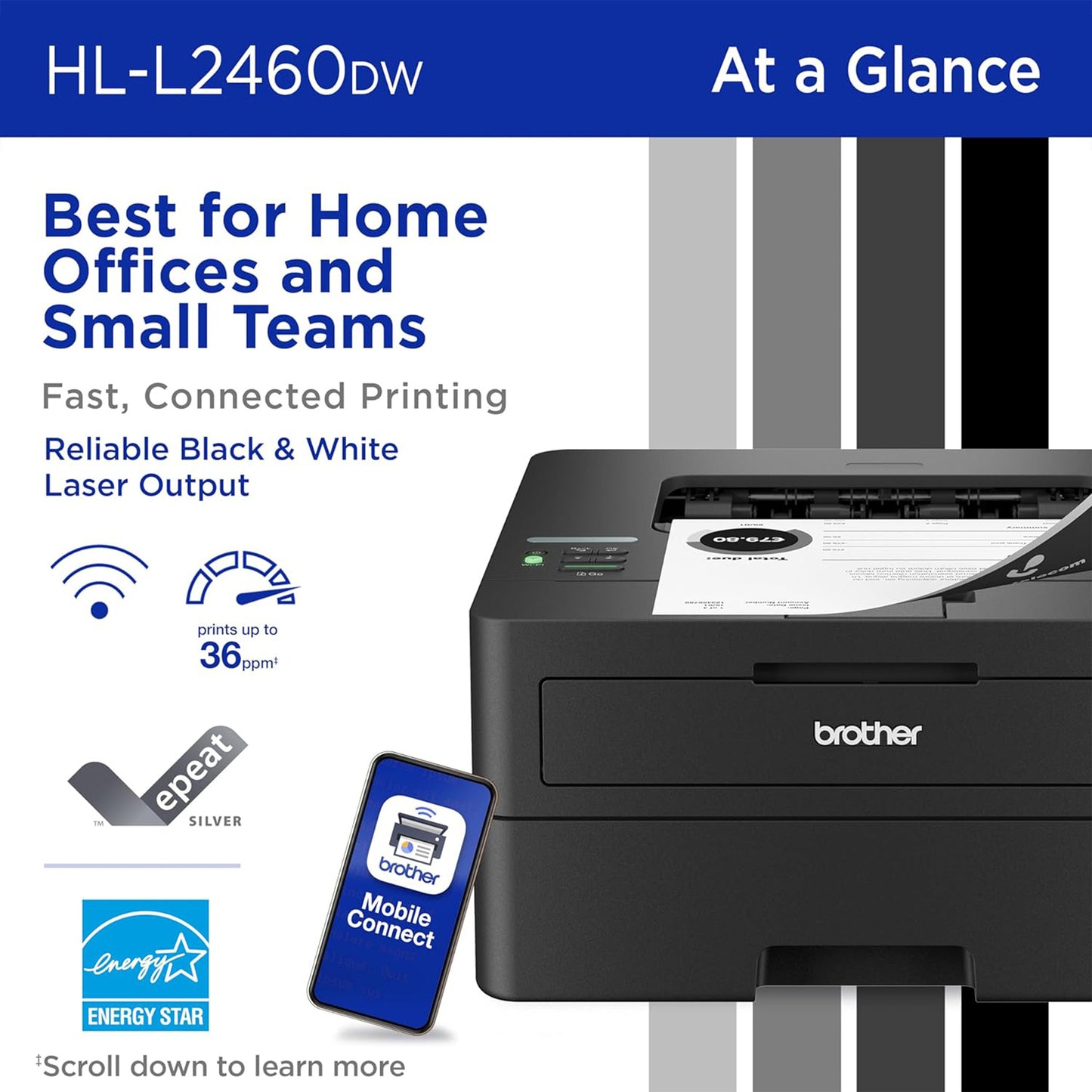 Brother HL-L2460DW Wireless Compact Monochrome Laser Printer with Duplex, Mobile Printing, Black & White Output