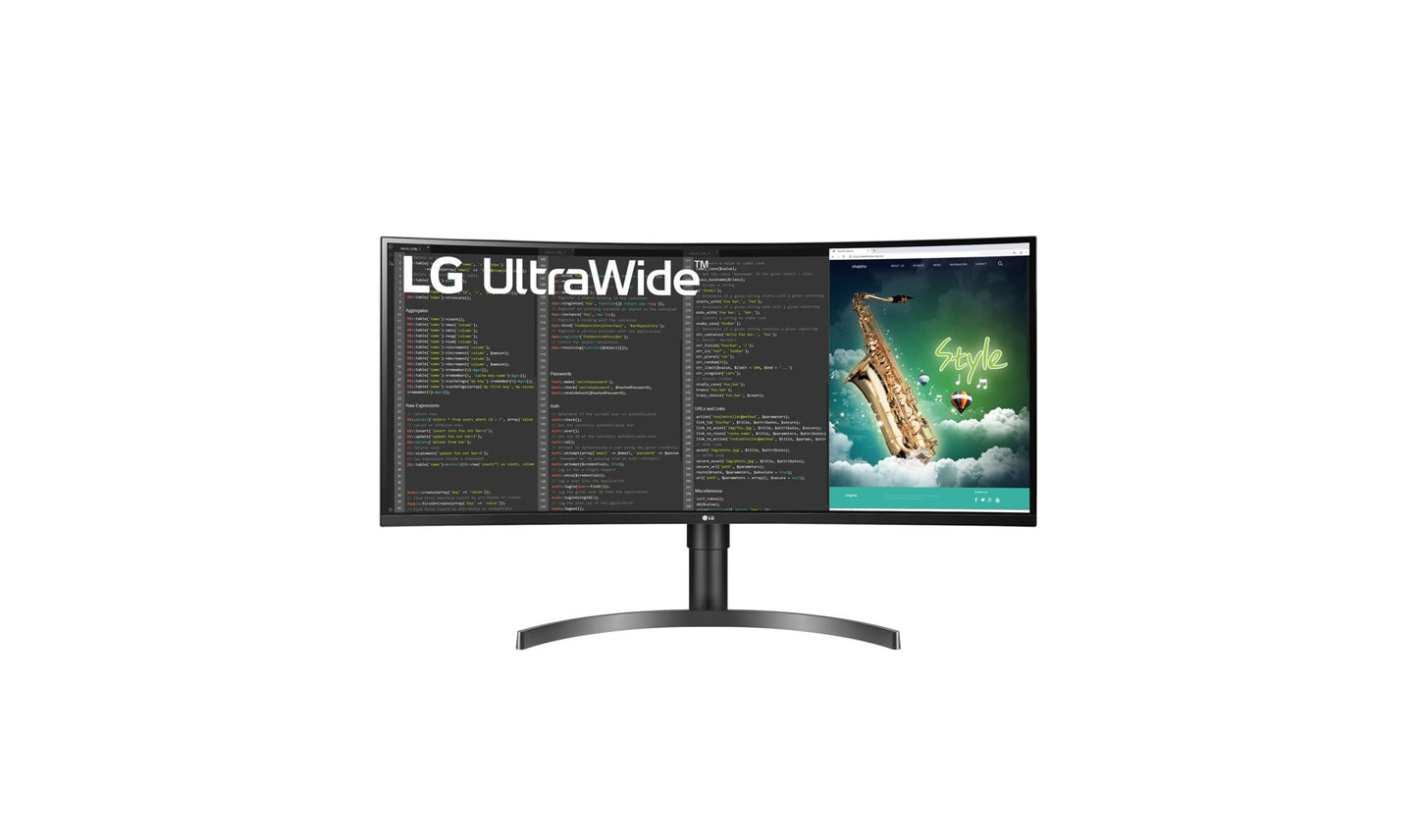 شاشة منحنية مقاس 35 بوصة VA HDR QHD UltraWide™‎ (3440x1440) مع معدل تحديث 100 هرتز، 5 مللي ثانية (GTG)، USB Type-C™، AMD FreeSync™، مزامنة الحركة الديناميكية، مثبت اللون الأسود، MaxxAudio® وتصميم مريح