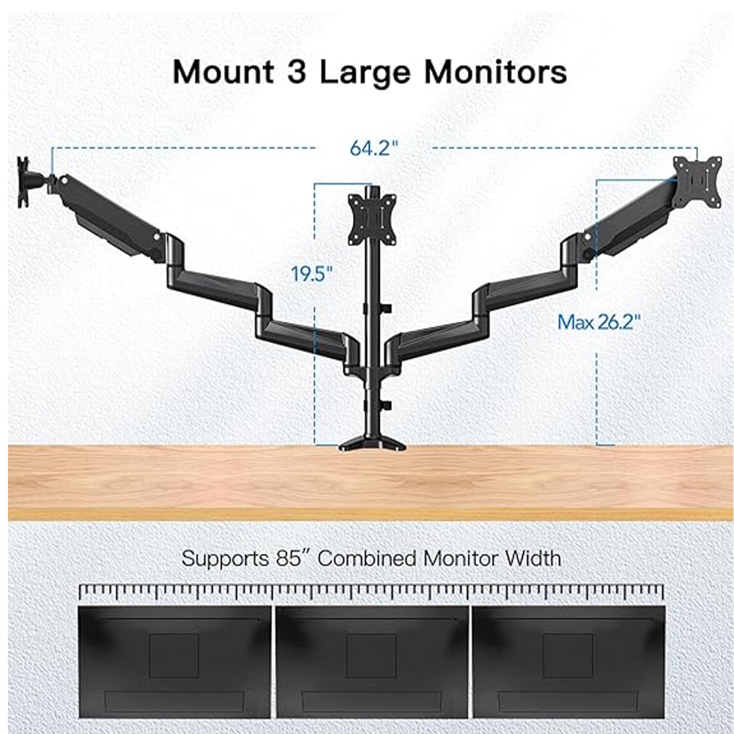 HUANUO Triple Monitor Mount for 17 to 32 inch Screens, 3 Monitor Desk Mount Stand with Gas Spring Adjustment Swivel Tilt Rotation with Clamp & Grommet Kit, Hold up to 17.6lbs, Black