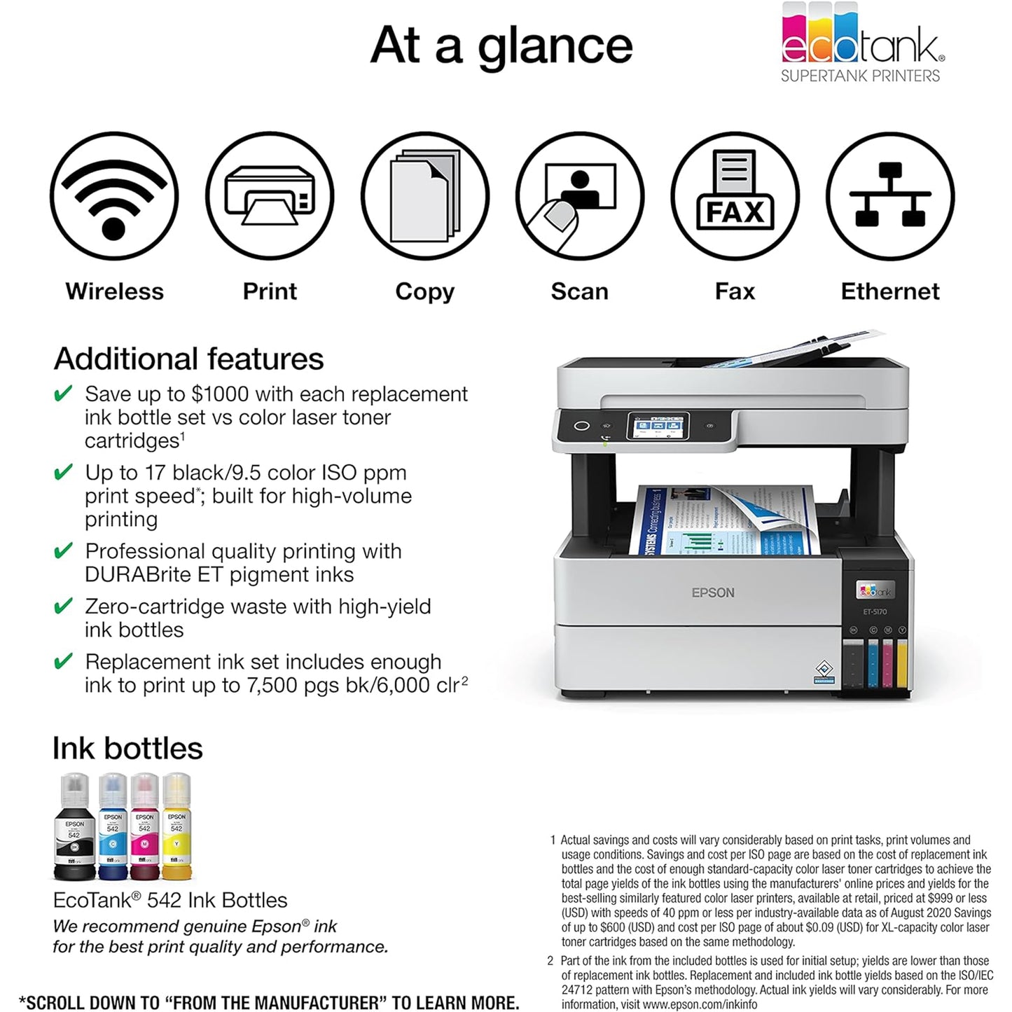 Epson EcoTank Pro ET-5170 Wireless Color All-in-One Supertank Printer with Scanner, Copier, Fax Plus Auto Document Feeder White Large