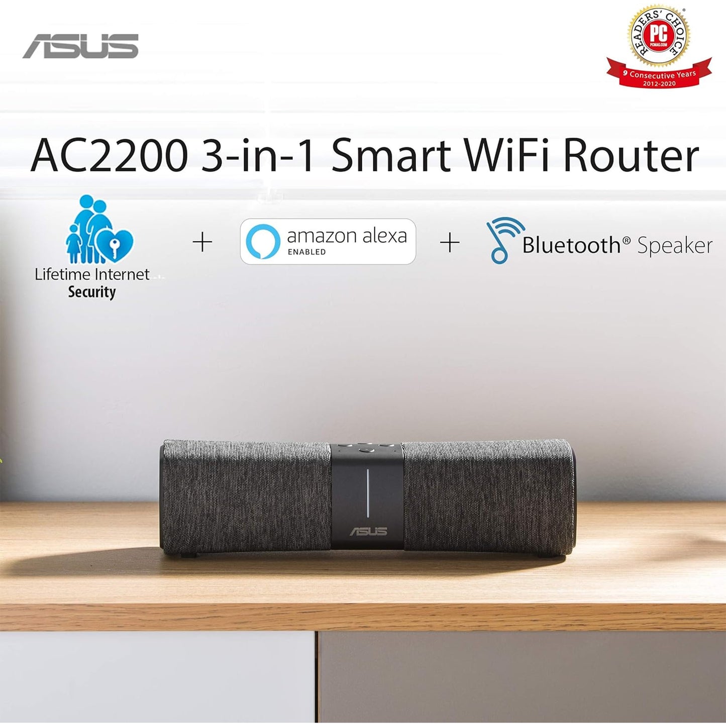 راوتر ASUS Lyra Voice الكل في واحد Smart Voice Home Mesh WiFi ثلاثي النطاق (AC2200)، Amazon Alexa مدمج، أمان Aiprotection مدى الحياة من Trend Micro، التحكم الأبوي، بلوتوث، مكبرات صوت مدمجة 