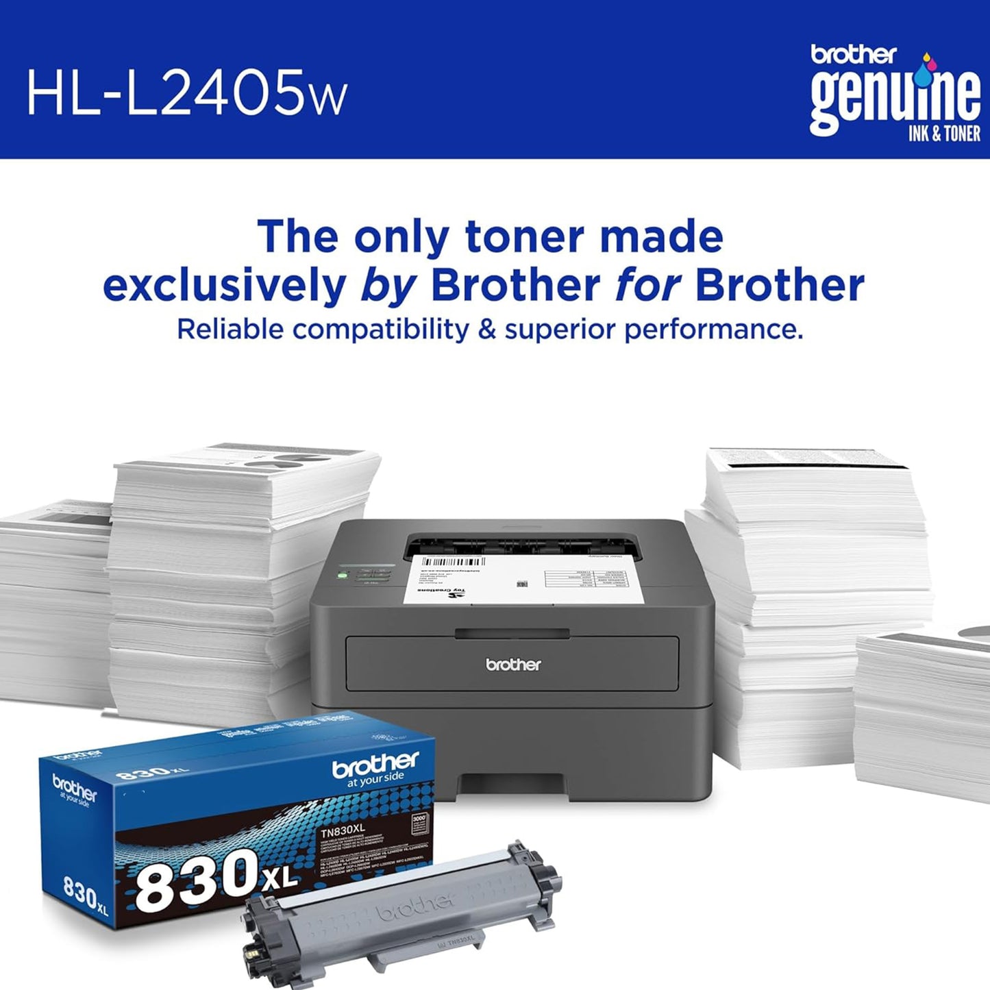 Brother HL-L2405W Wireless Compact Monochrome Laser Printer with Mobile Printing, Black & White Output |