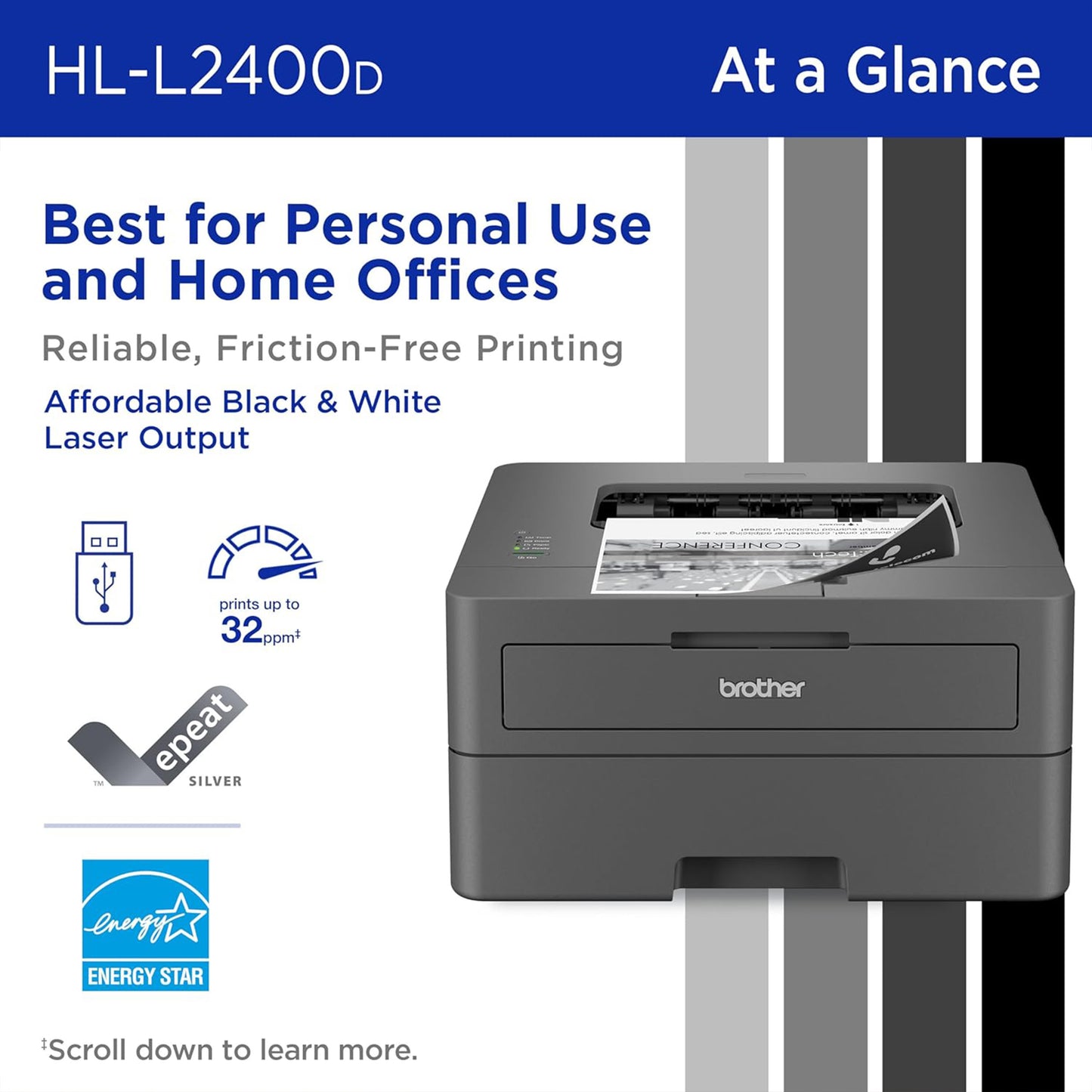 Brother HL-L2400D Compact Monochrome Laser Printer with Duplex Printing, USB Connection, Black & White Output