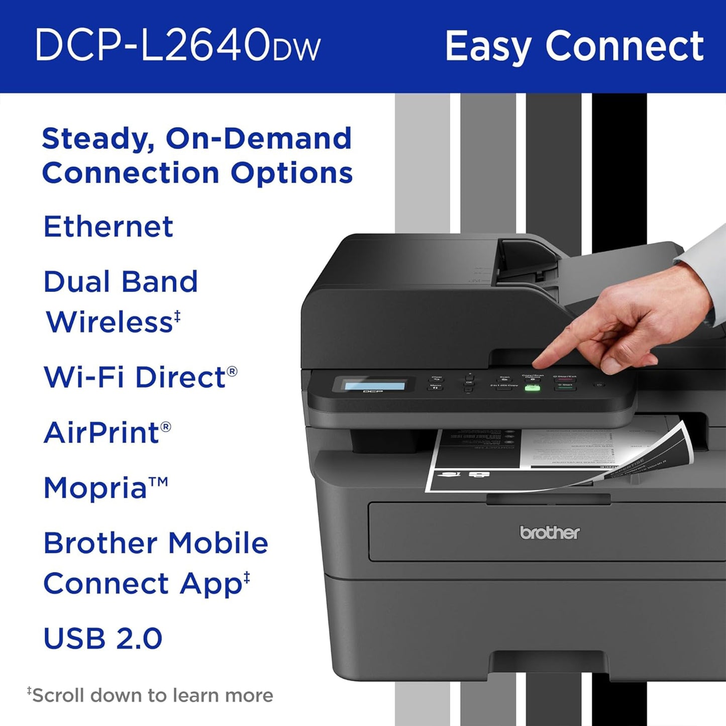 Brother DCP-L2640DW طابعة ليزر أحادية اللون لاسلكية متعددة الوظائف مع خاصية النسخ والمسح الضوئي، دوبلكس، هاتف محمول، أبيض وأسود 