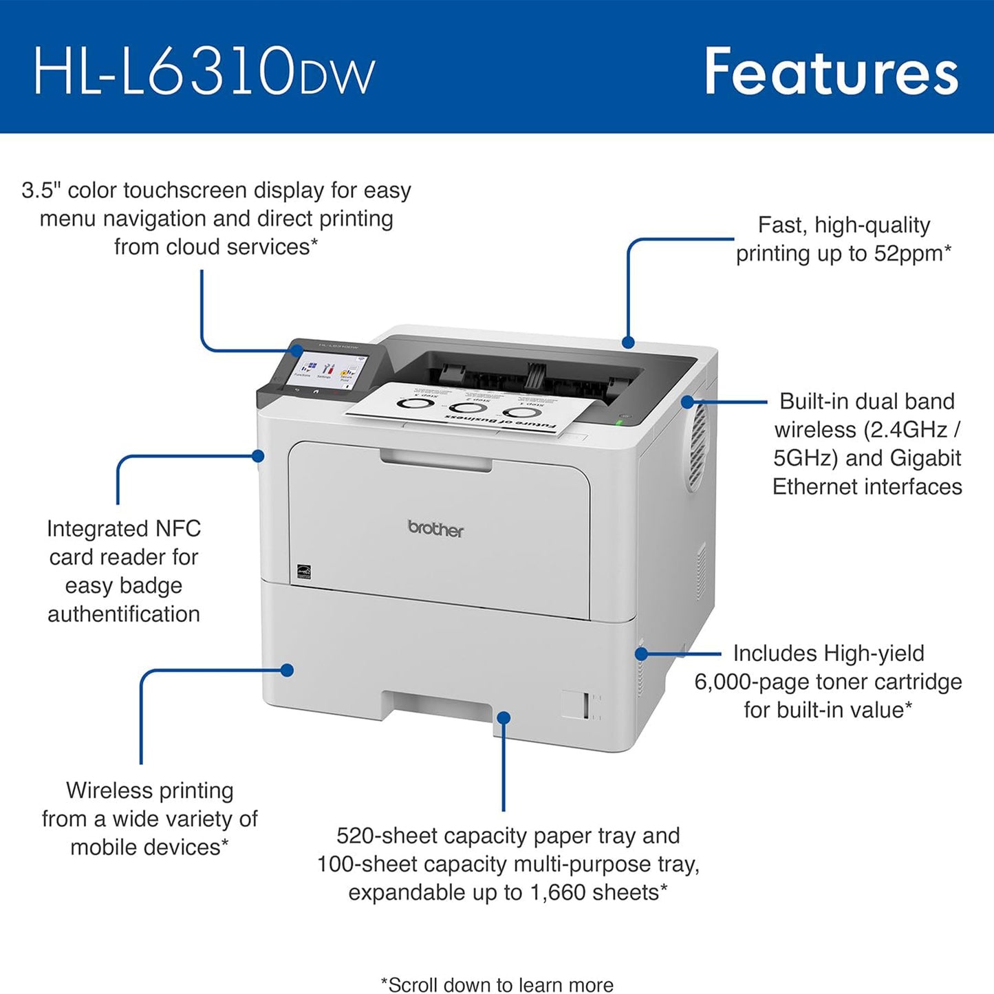 Brother HL-L6310DW Enterprise Monochrome Laser Printer with Low-Cost Printing, Wireless Networking, and Large Paper Capacity