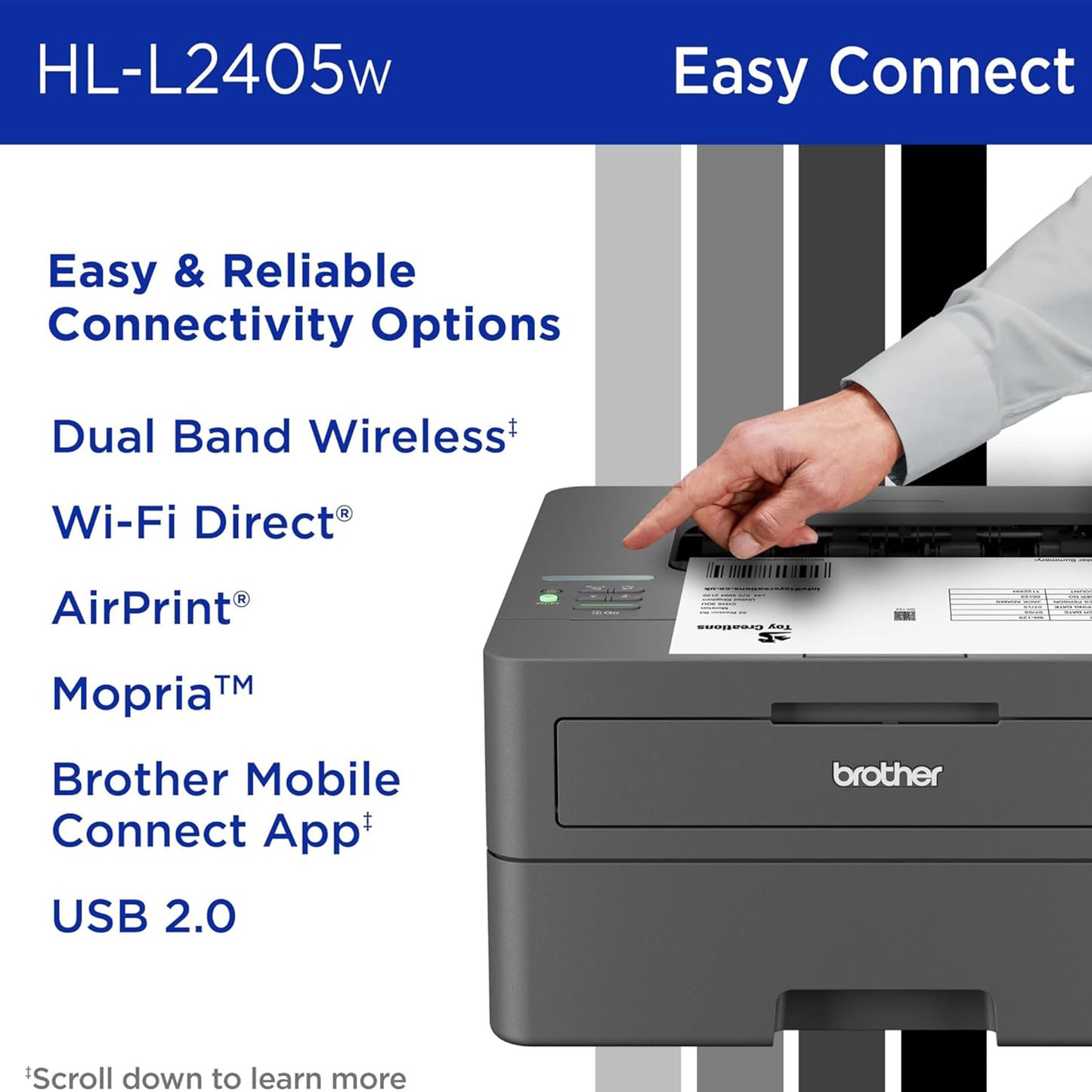 Brother HL-L2405W Wireless Compact Monochrome Laser Printer with Mobile Printing, Black & White Output |