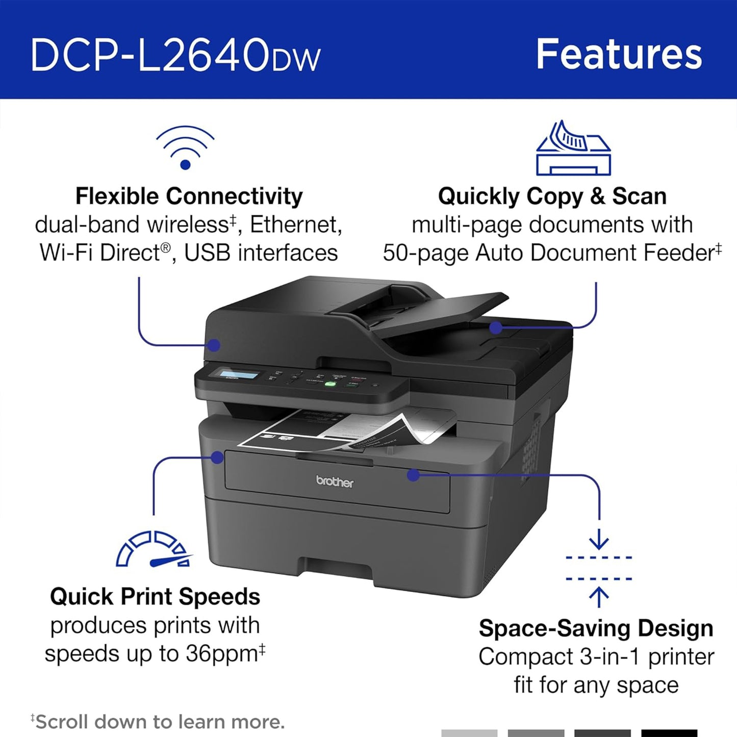 Brother DCP-L2640DW طابعة ليزر أحادية اللون لاسلكية متعددة الوظائف مع خاصية النسخ والمسح الضوئي، دوبلكس، هاتف محمول، أبيض وأسود 