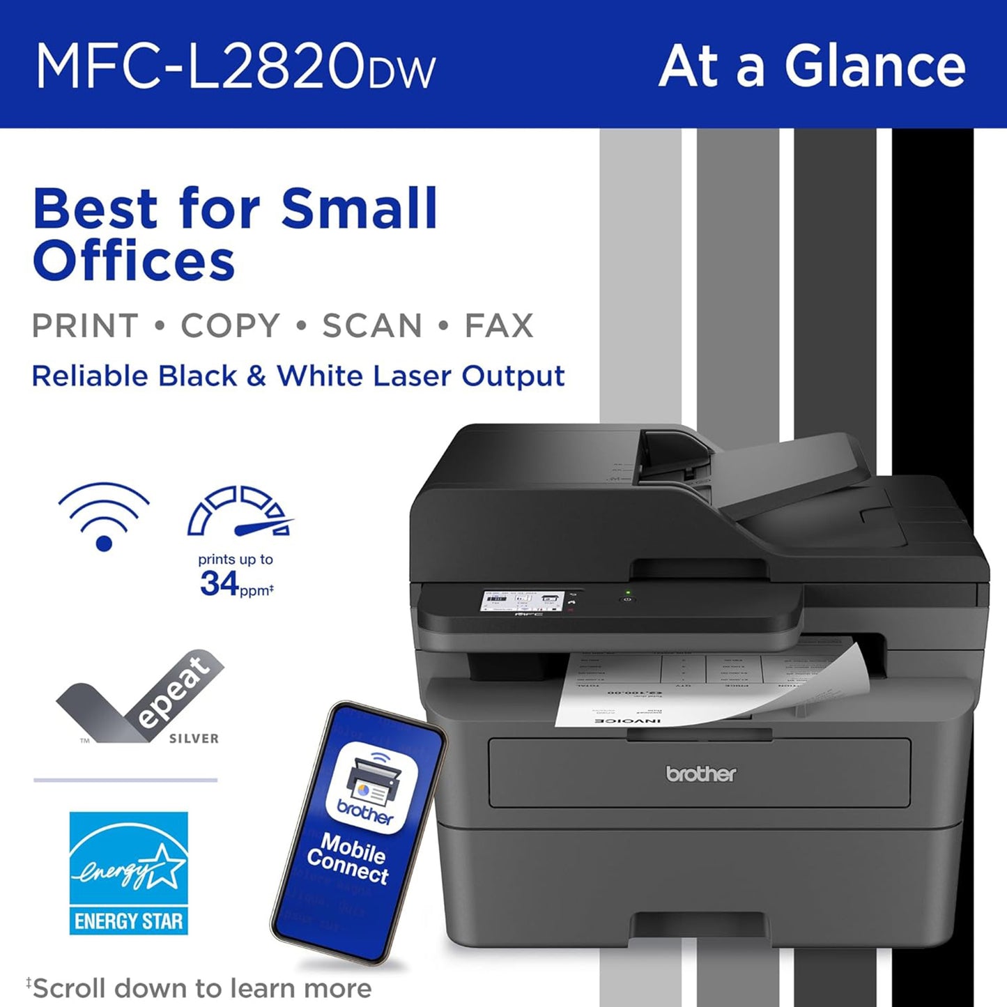 Brother MFC-L2820DW Wireless Compact Monochrome All-in-One Laser Printer with Copy, Scan and Fax, Duplex, Black & White