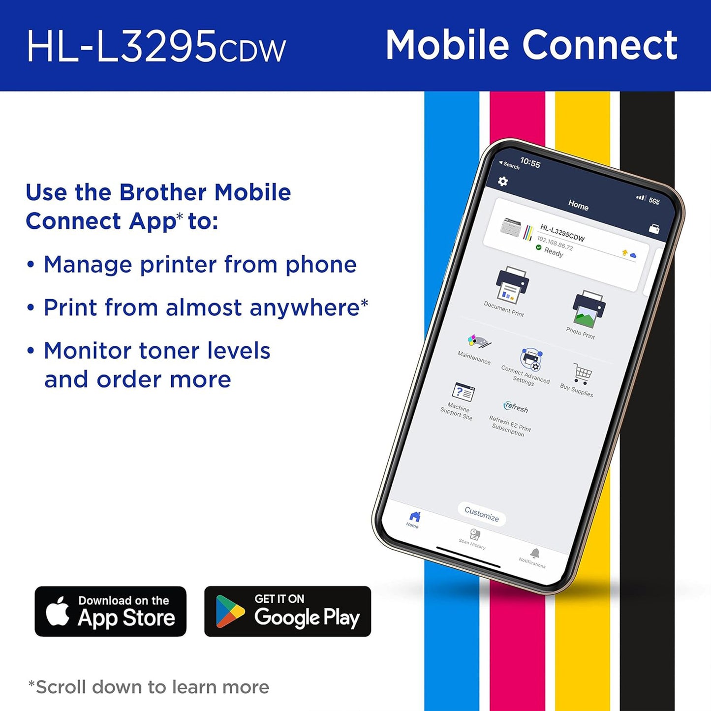 طابعة ألوان رقمية مدمجة لاسلكية من Brother HL-L3295CDW مع مخرجات بجودة الليزر، دوبلكس، NFC، الهاتف المحمول والإيثرنت 