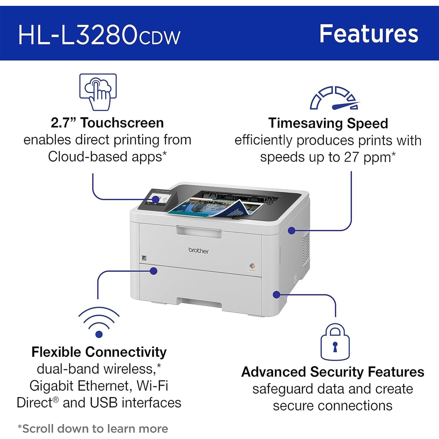 طابعة ألوان رقمية مدمجة لاسلكية من Brother HL-L3280CDW مع مخرجات بجودة الليزر، دوبلكس، طباعة متنقلة وإيثرنت 