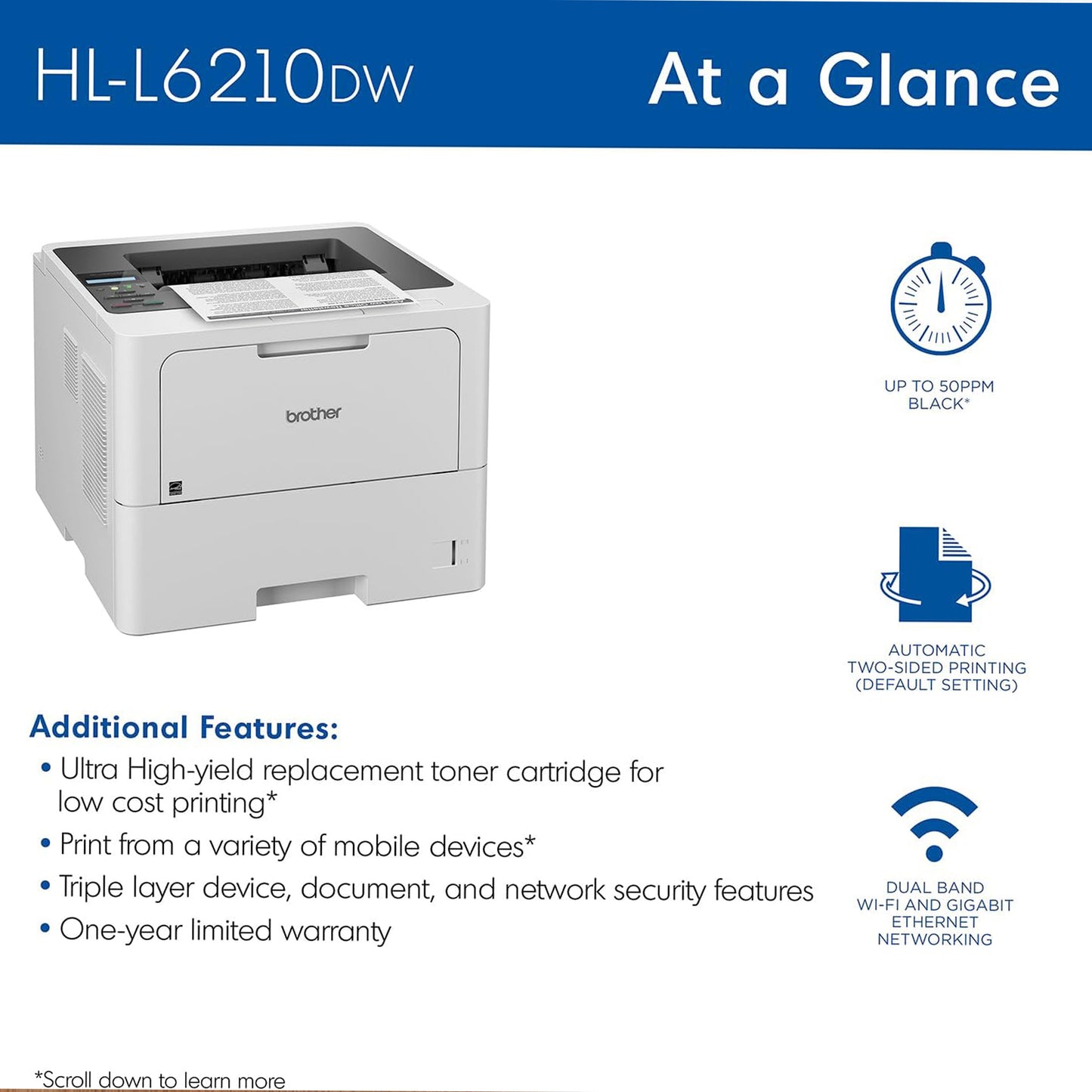 طابعة ليزر Brother HL-L6210DW للأعمال أحادية اللون بسعة ورق كبيرة، وشبكات إيثرنت لاسلكية وجيجابت، وطباعة منخفضة التكلفة، وميزات أمان متقدمة وطباعة متنقلة 