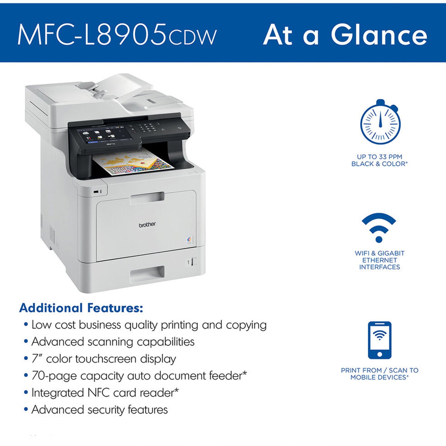 Brother MFC-L8905CDW طابعة ليزر ملونة للأعمال الكل في واحد، شاشة لمس 7 بوصة، طباعة/مسح ضوئي مزدوج، لاسلكية 