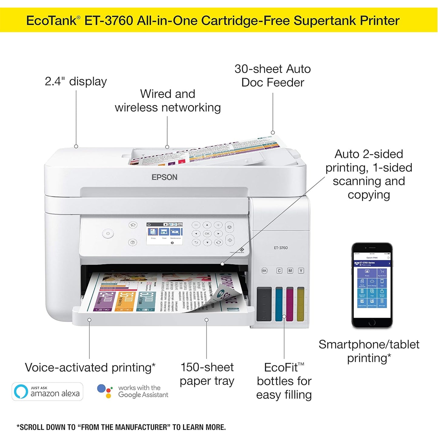 Epson EcoTank ET-3760 Wireless Color All-in-One Cartridge-Free Supertank Printer with Scanner, Copier, ADF and Ethernet. Full 1-Year Limited Warranty (Renewed Premium),White