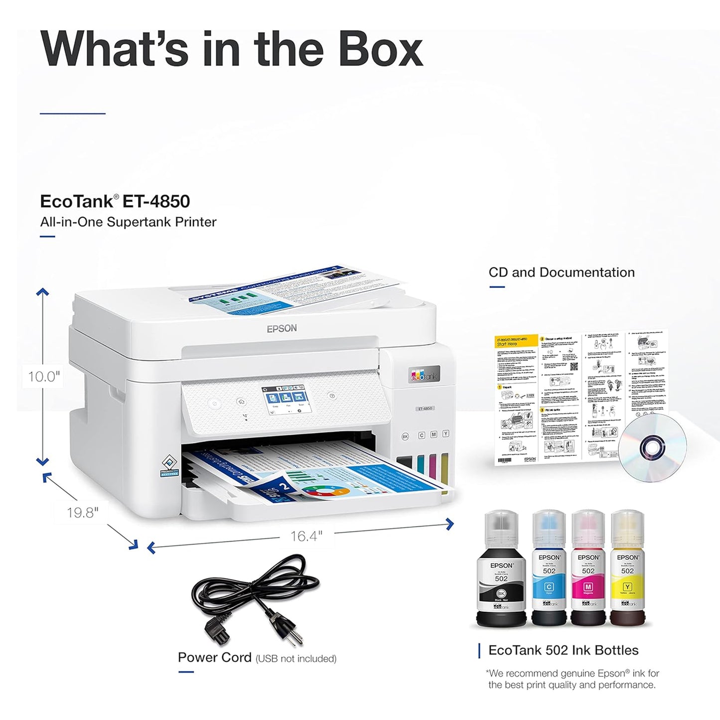 Epson EcoTank ET-4850 Wireless All-in-One Cartridge-Free Supertank Printer with Scanner, Copier, Fax, ADF and Ethernet (Renewed/Refurbished), White