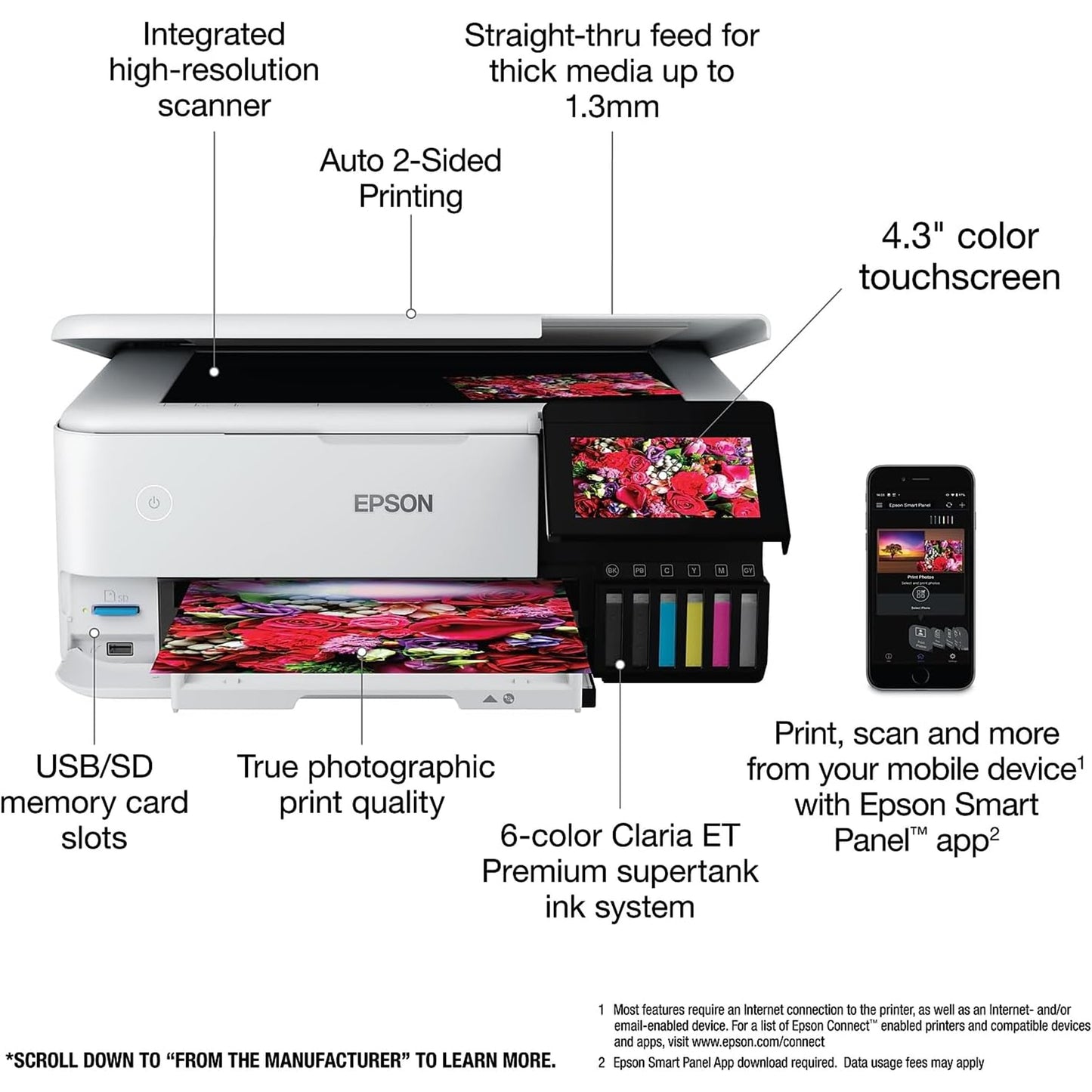 Epson EcoTank Photo ET-8500 Wireless Color All-in-One Supertank Printer with Scanner, Copier, Ethernet and 4.3-inch Color Touchscreen, White, Large