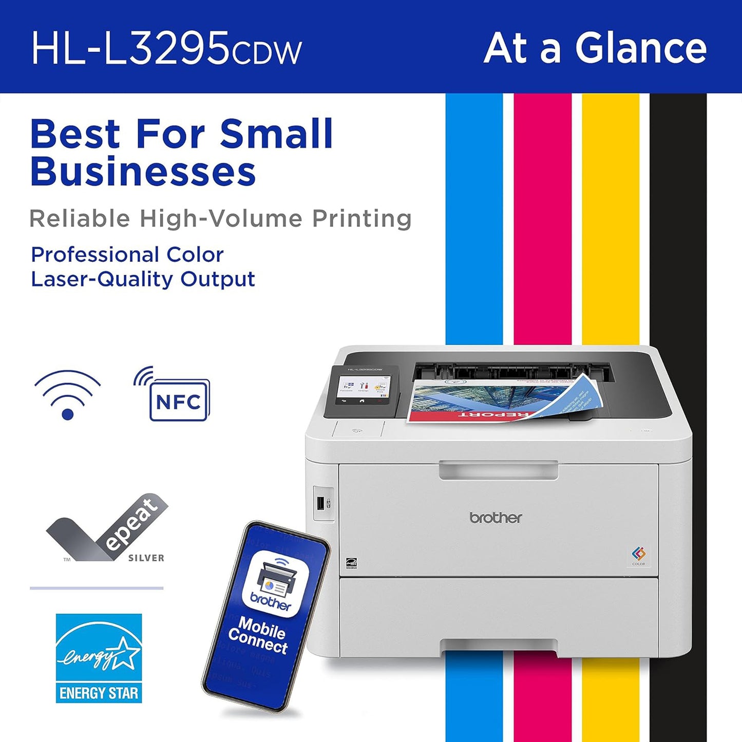 طابعة ألوان رقمية مدمجة لاسلكية من Brother HL-L3295CDW مع مخرجات بجودة الليزر، دوبلكس، NFC، الهاتف المحمول والإيثرنت 