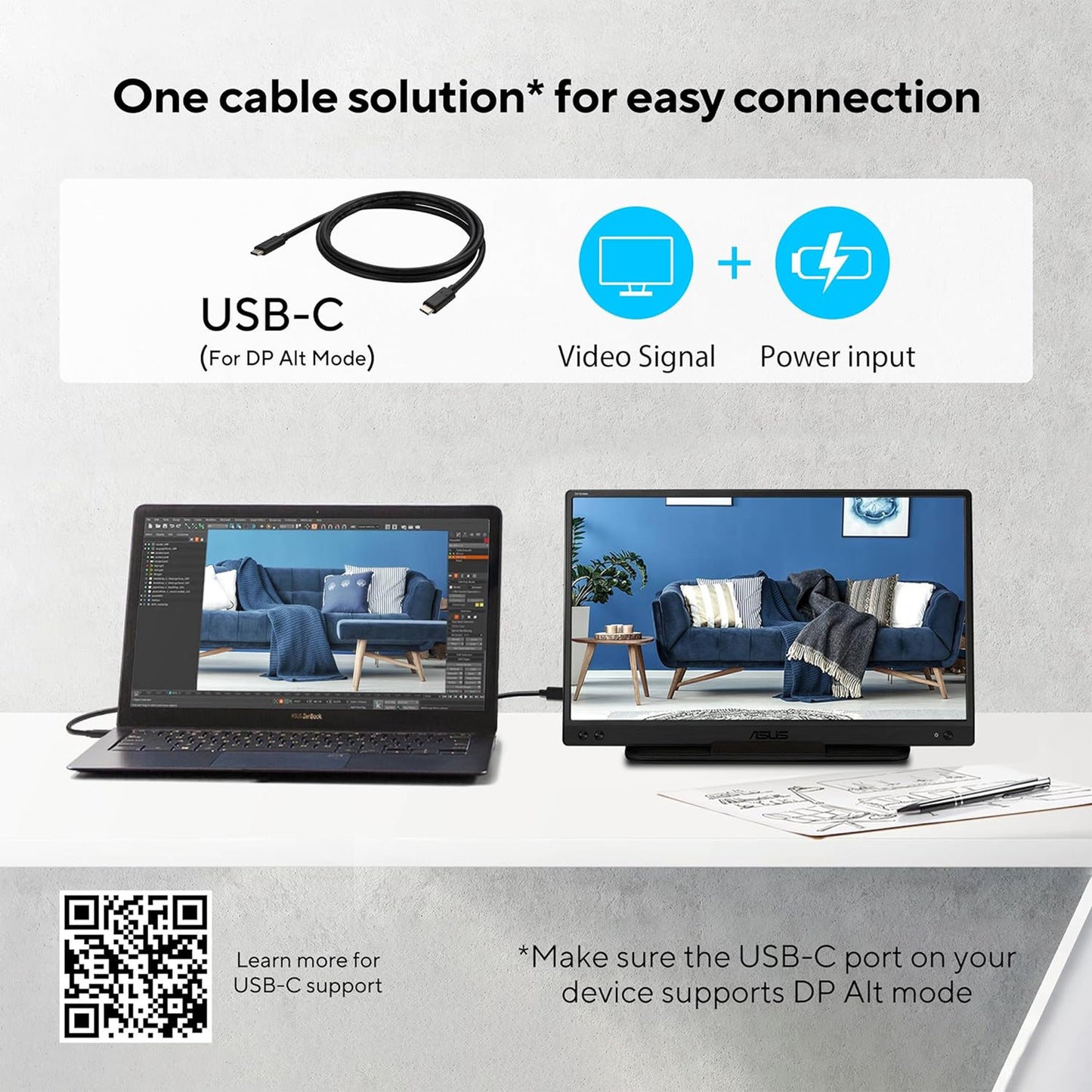 ASUS ZenScreen 15.6” 1080P Portable USB Monitor (MB166C) - Full HD, IPS, USB Type-C, , Tripod Mountable, Anti-Glare Surface, Protective Sleeve