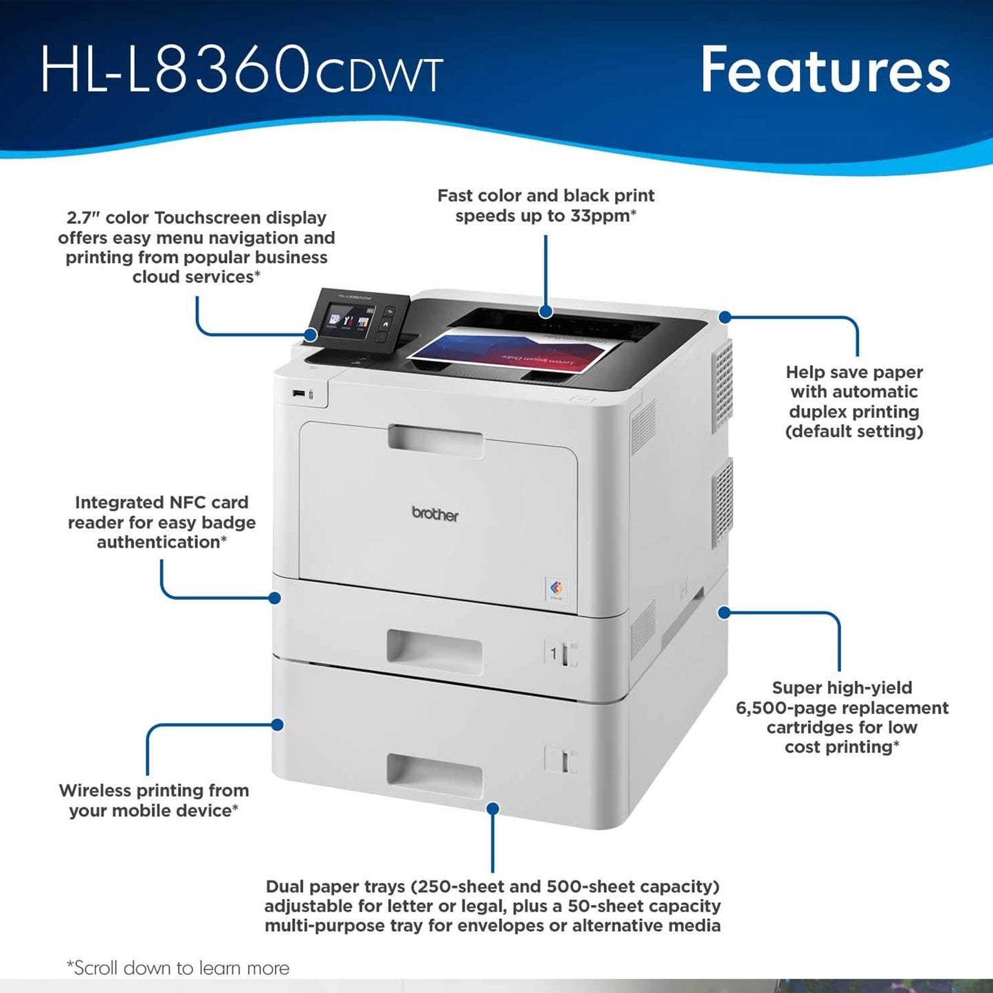 rother Printer HLL8360CDWT Business Color Laser Printer with Duplex Printing, Wireless Networking and Dual Trays