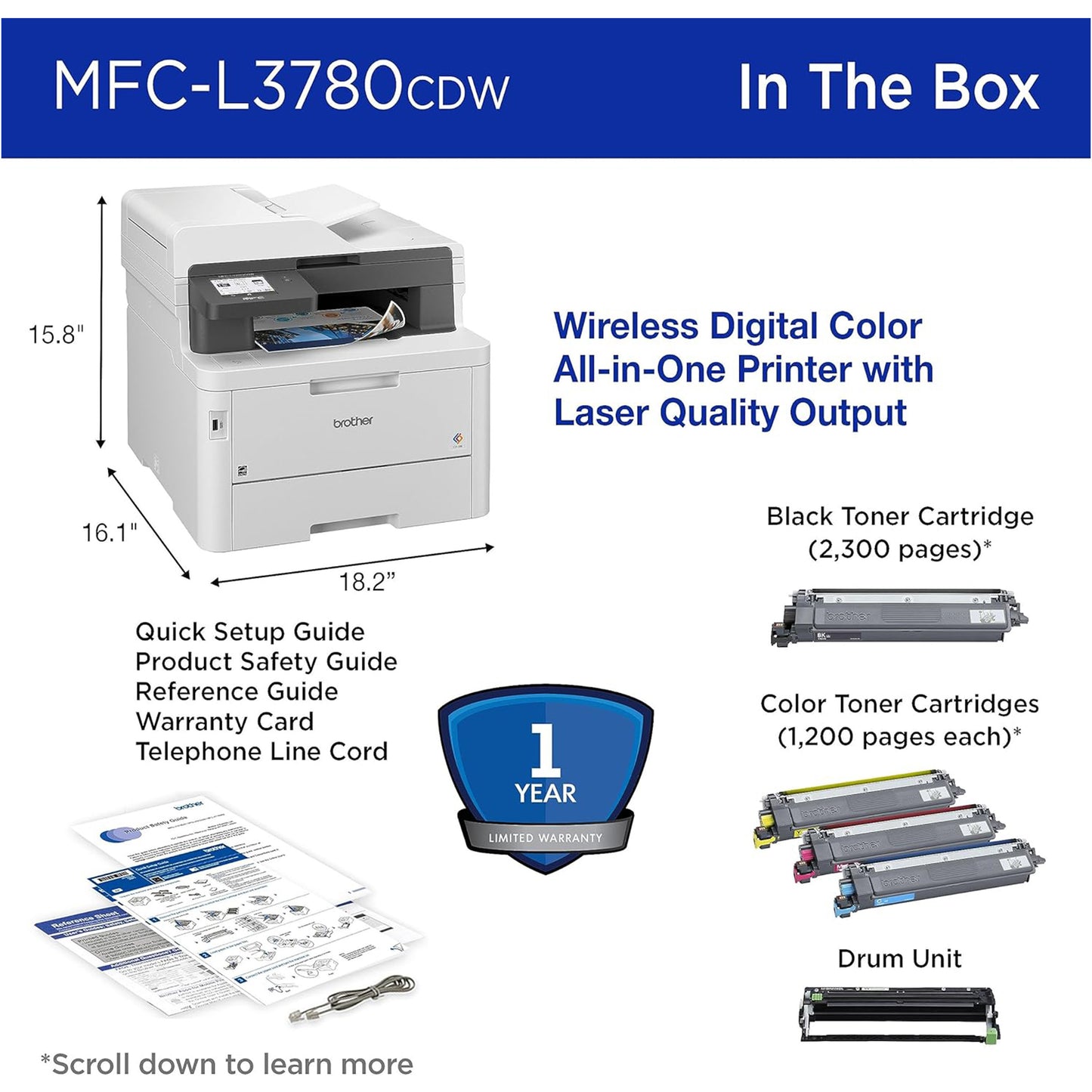 طابعة Brother MFC-L3780CDW لاسلكية رقمية ملونة الكل في واحد مع مخرج بجودة الليزر، تمرير واحد للنسخ والمسح الضوئي على الوجهين