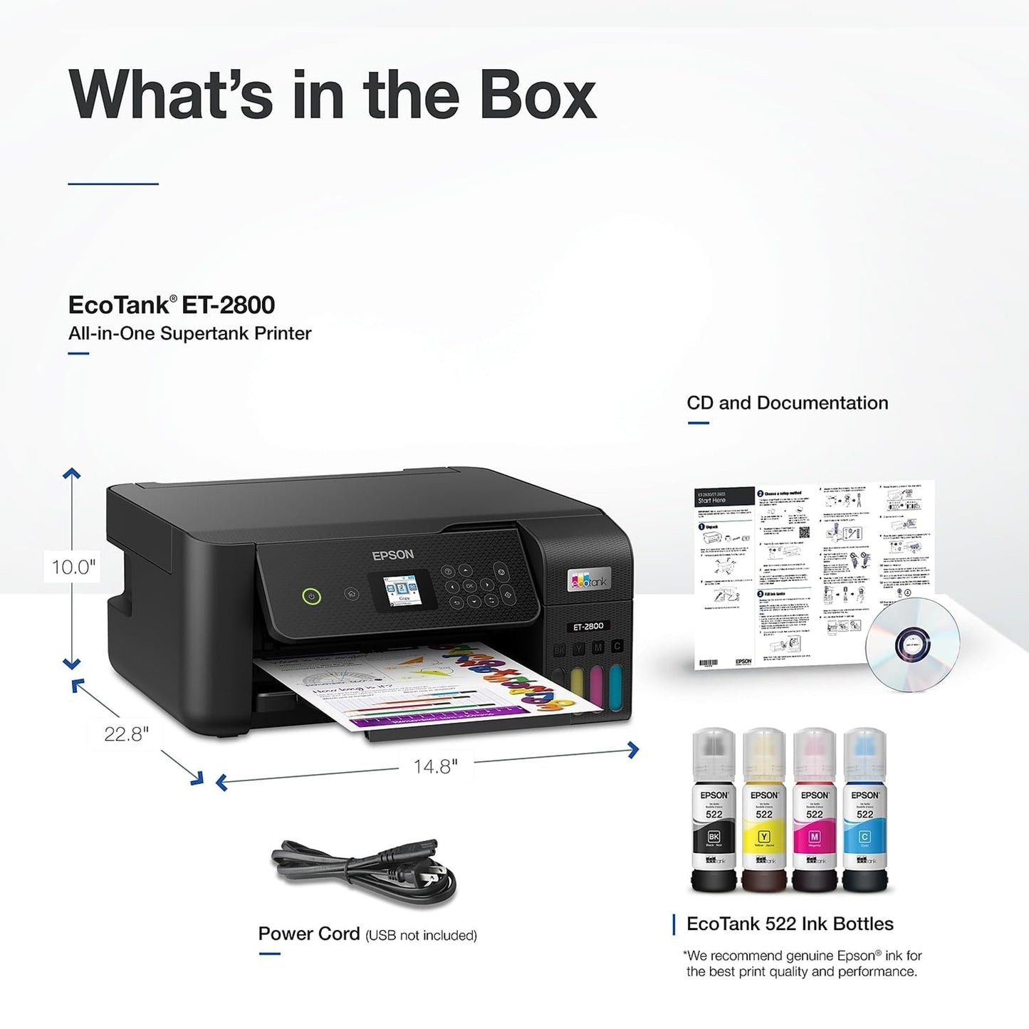 Epson EcoTank ET-2800 Wireless Color All-in-One Cartridge-Free Supertank Printer with Scan and Copy â€“ The Ideal Basic Home Printer - Black, Medium