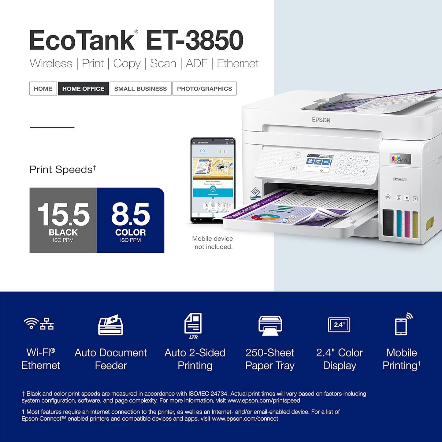 طابعة Epson EcoTank ET-3850 اللاسلكية الملونة الكل في واحد Supertank خالية من الخراطيش مع ماسح ضوئي وناسخة ووحدة تغذية المستندات التلقائية وإيثرنت - الطابعة المثالية للمكتب المنزلي، باللون الأبيض 