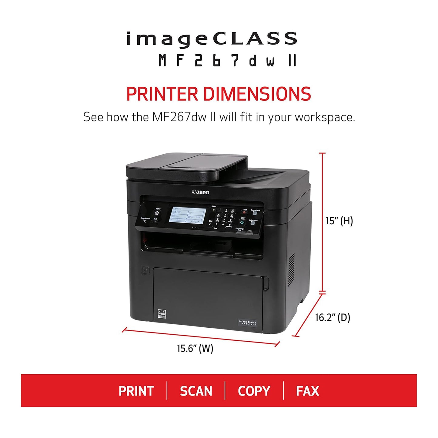 Canon imageCLASS MF267dw II - Wireless Monochrome Laser Printer, Print, Copy, Scan, Fax with Auto Document Feeder, Black, Works with Alexa