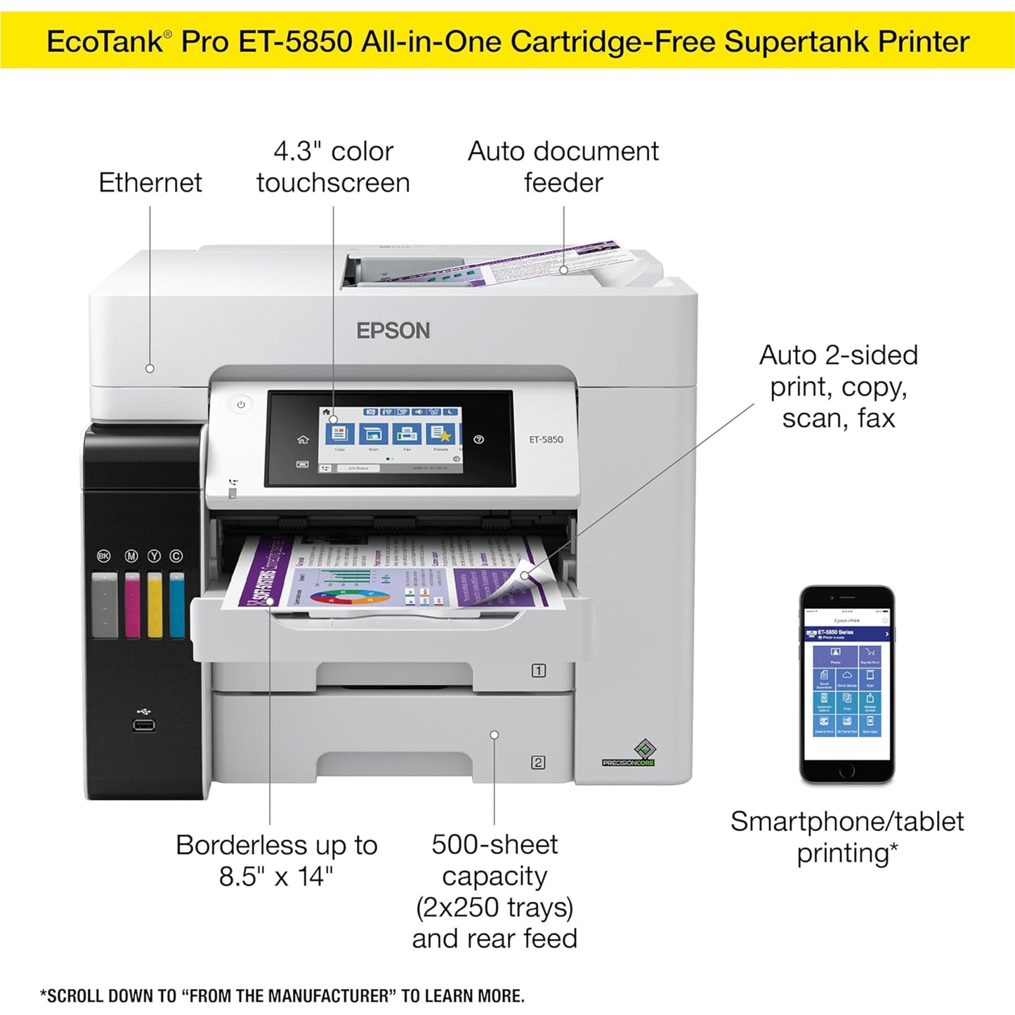 Epson EcoTank Pro ET-5850 Wireless Color All-in-One Supertank Printer with Scanner, Copier, Fax and Ethernet, White