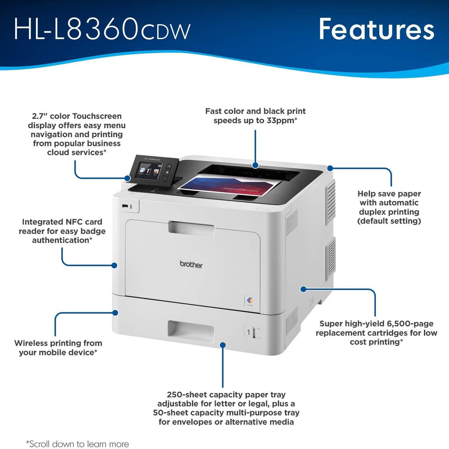 طابعة ليزر ملونة من براذر بيزنس، HL-L8360CDW، شبكة لاسلكية، طباعة تلقائية على الوجهين، طباعة متنقلة، طباعة سحابية، أبيض