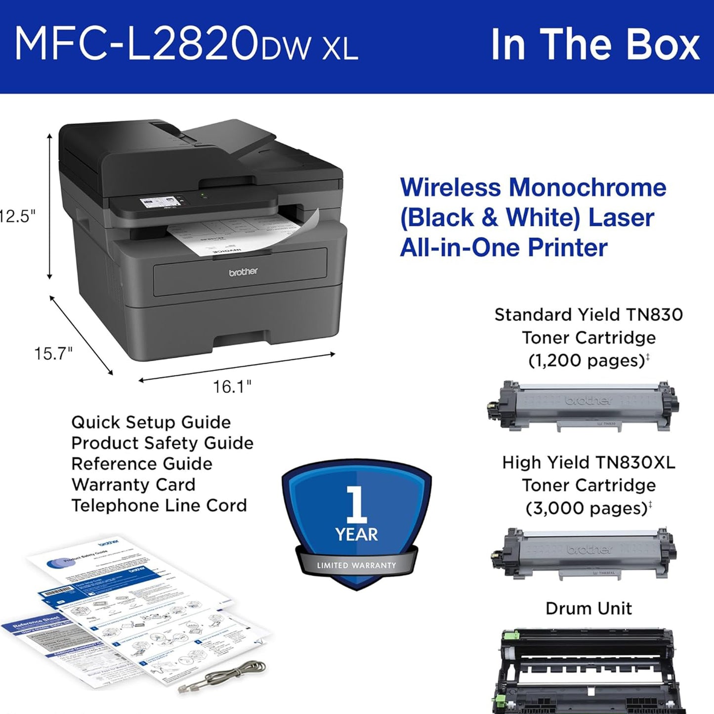 Brother MFC-L2820DW XL Wireless Compact Monochrome All-in-One Laser Printer with Copy, Scan and Fax, Duplex, Black & White