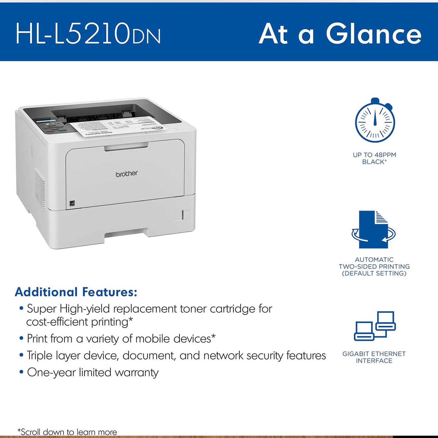 طابعة ليزر Brother HL-L5210DN Business أحادية اللون مع طباعة مزدوجة، ومعالجة ورق متعددة الاستخدامات، وطباعة متنقلة، وشبكة جيجابت إيثرنت 