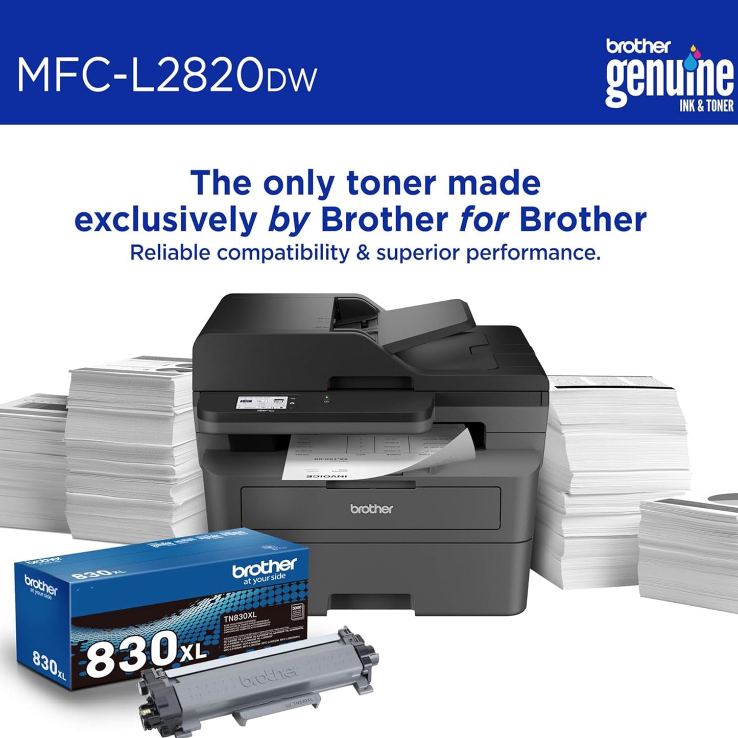 Brother MFC-L2820DW Wireless Compact Monochrome All-in-One Laser Printer with Copy, Scan and Fax, Duplex, Black & White