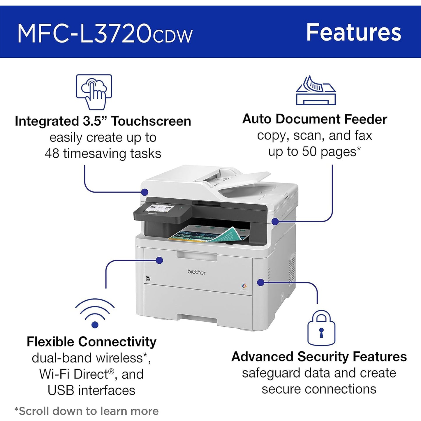 طابعة Brother MFC-L3720CDW لاسلكية رقمية ملونة الكل في واحد مع إخراج بجودة الليزر، نسخ، مسح ضوئي، فاكس، دوبلكس، هاتف محمول 