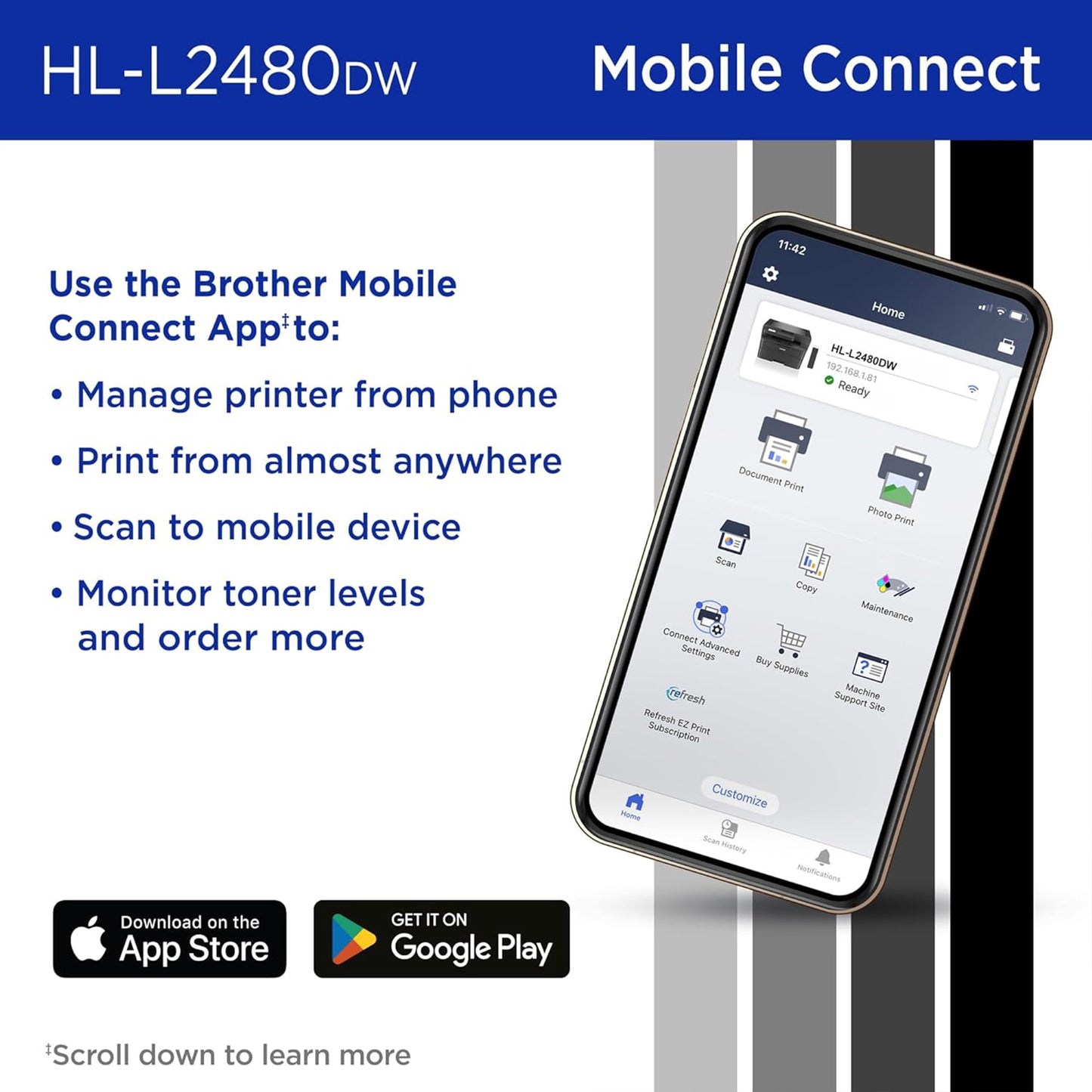 Brother HL-L2480DW طابعة ليزر أحادية اللون لاسلكية متعددة الوظائف مع نسخ ومسح ضوئي، دوبلكس، هاتف محمول، أبيض وأسود