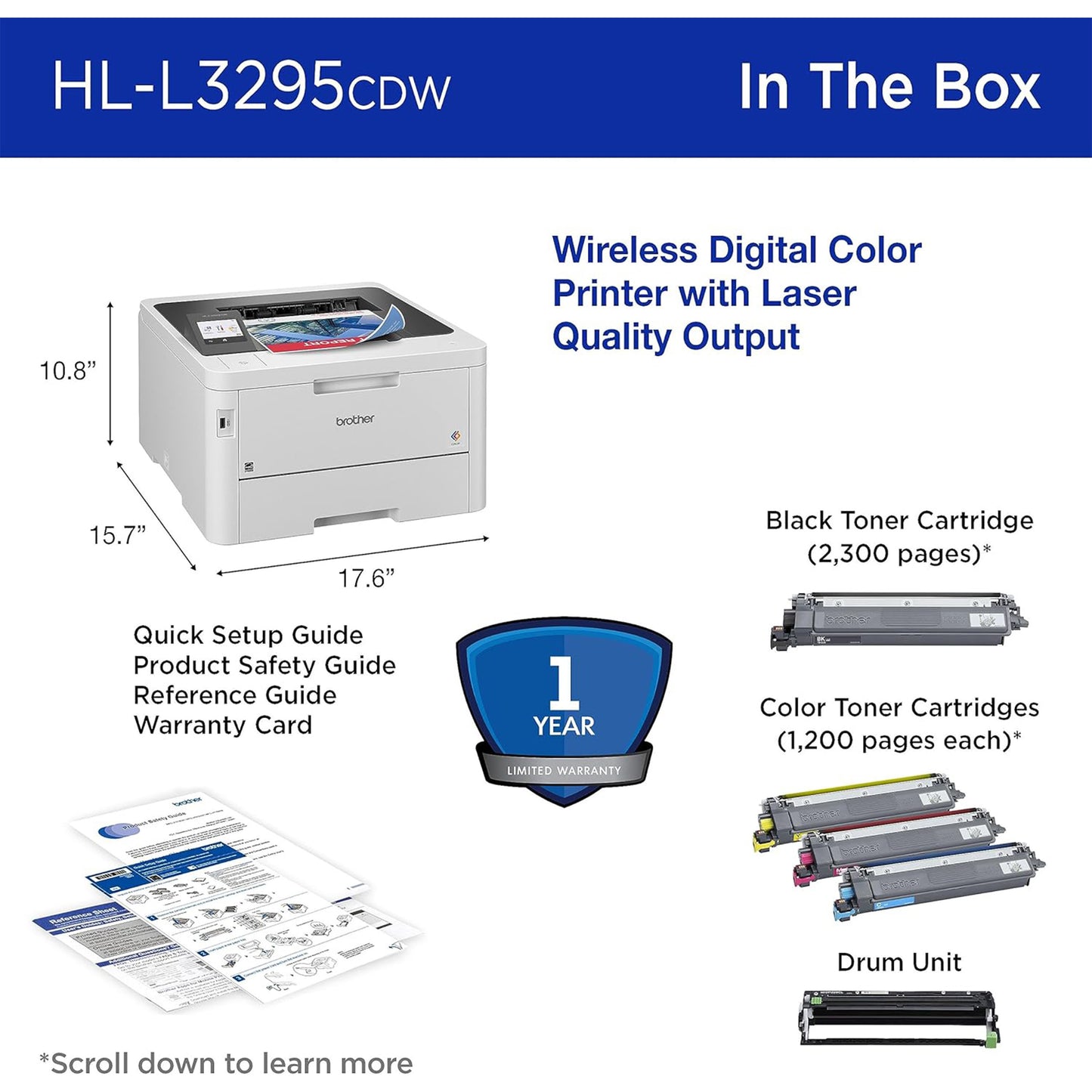 طابعة ألوان رقمية مدمجة لاسلكية من Brother HL-L3295CDW مع مخرجات بجودة الليزر، دوبلكس، NFC، الهاتف المحمول والإيثرنت 