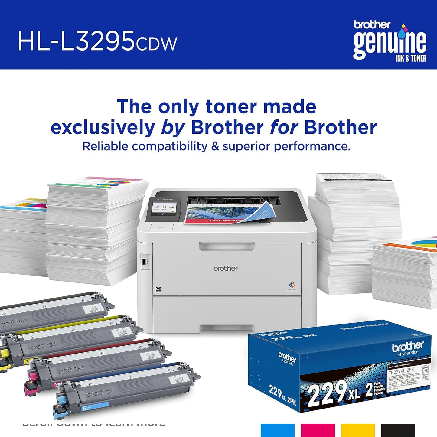 طابعة ألوان رقمية مدمجة لاسلكية من Brother HL-L3295CDW مع مخرجات بجودة الليزر، دوبلكس، NFC، الهاتف المحمول والإيثرنت 